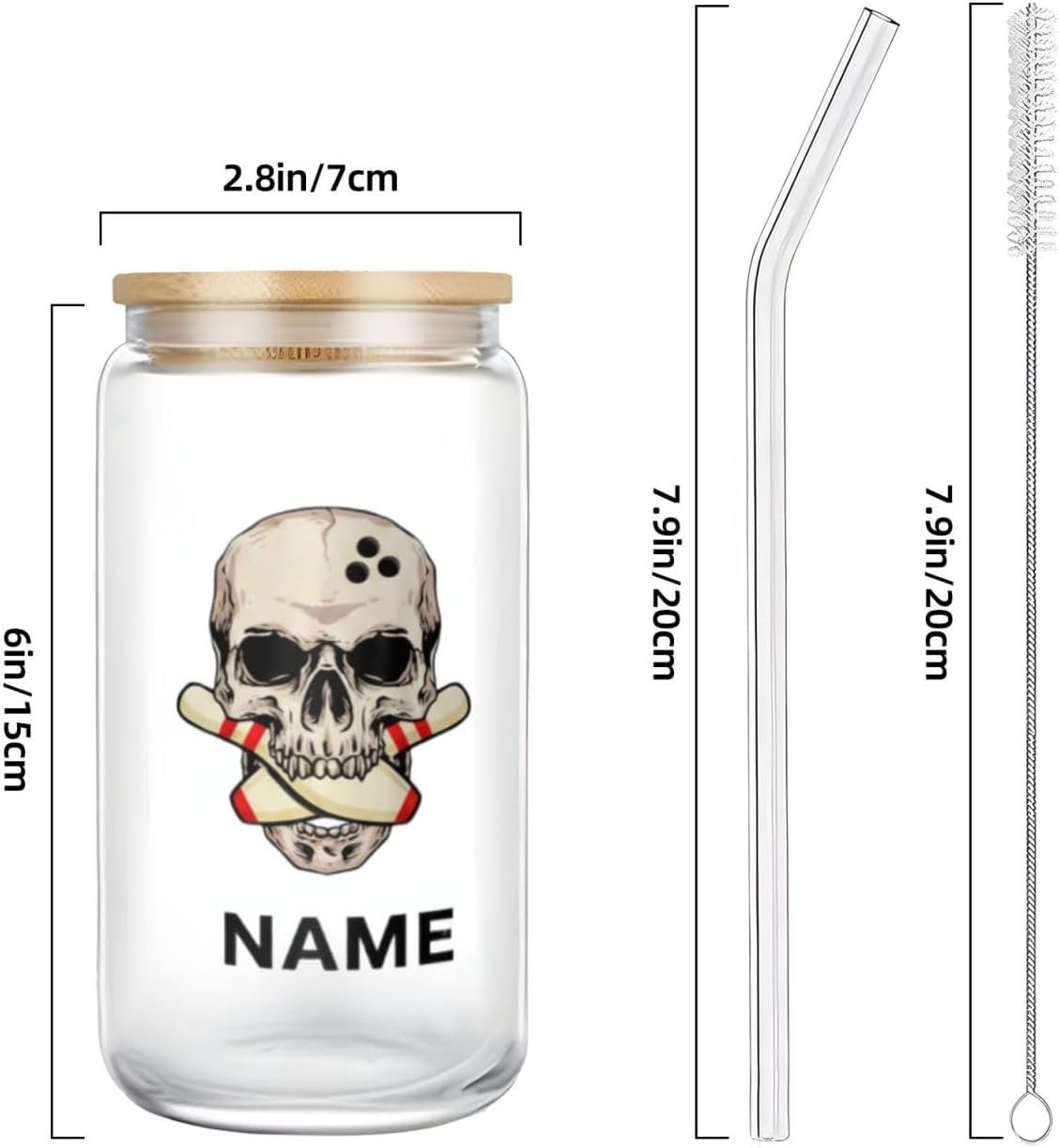 Grossiste Tasse à Café Glacée Personnalisée 16oz avec Couvercle en Bambou et Paille - Personnalisation de Logo - Verre à Bière avec Crâne - Cadeaux Uniques pour Bowlers dans les Ligues de Bowling