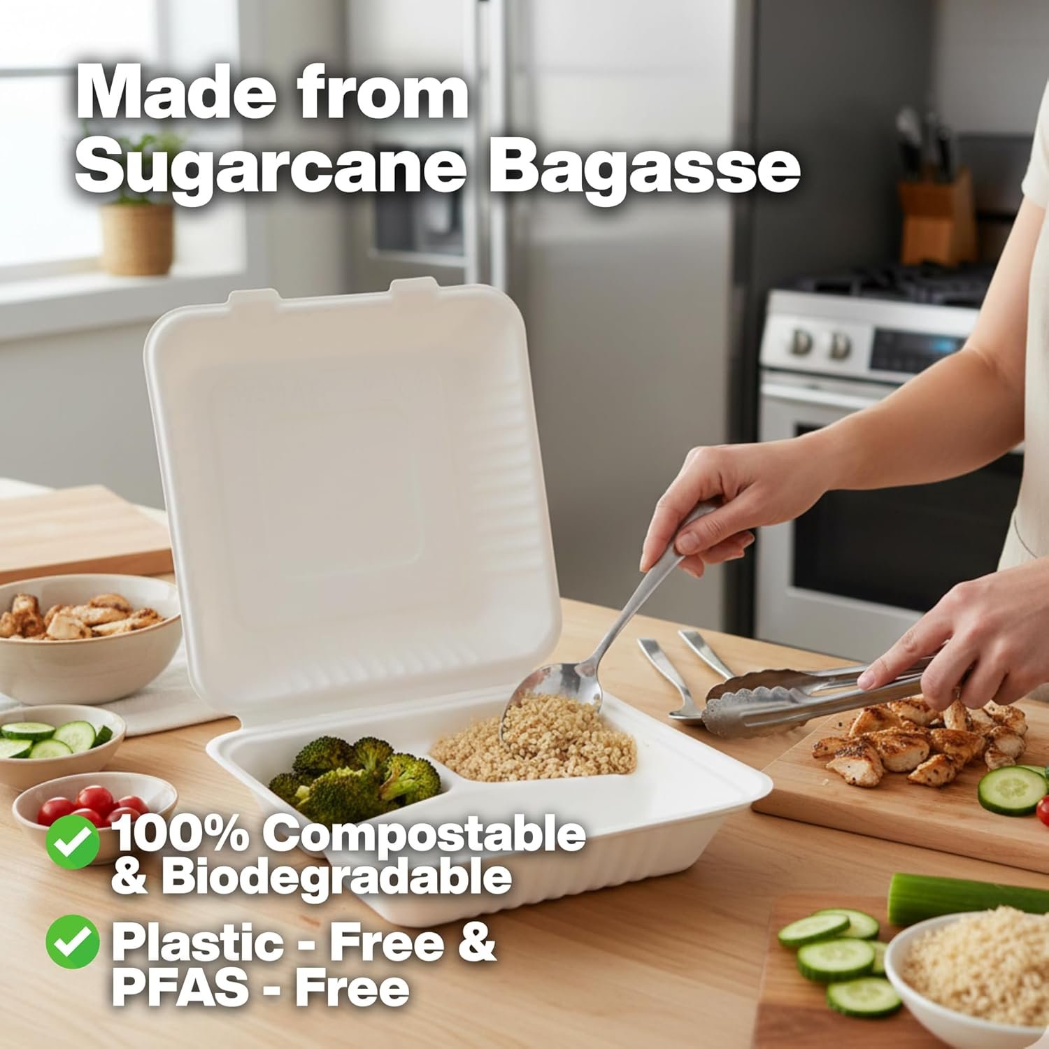 Containers alimentaires en bagasse – Vente en gros de boîtes à emporter en coques biodégradables et compostables, sans PFAS, pour aliments chauds et froids (9