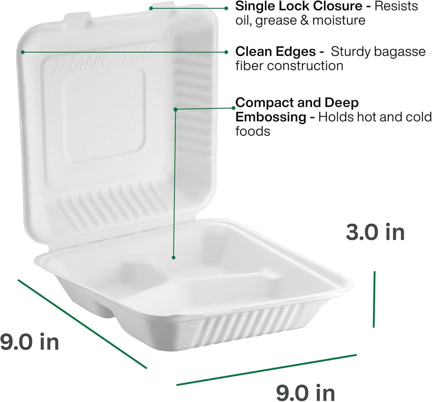 Containers alimentaires en bagasse – Vente en gros de boîtes à emporter en coques biodégradables et compostables, sans PFAS, pour aliments chauds et froids (9