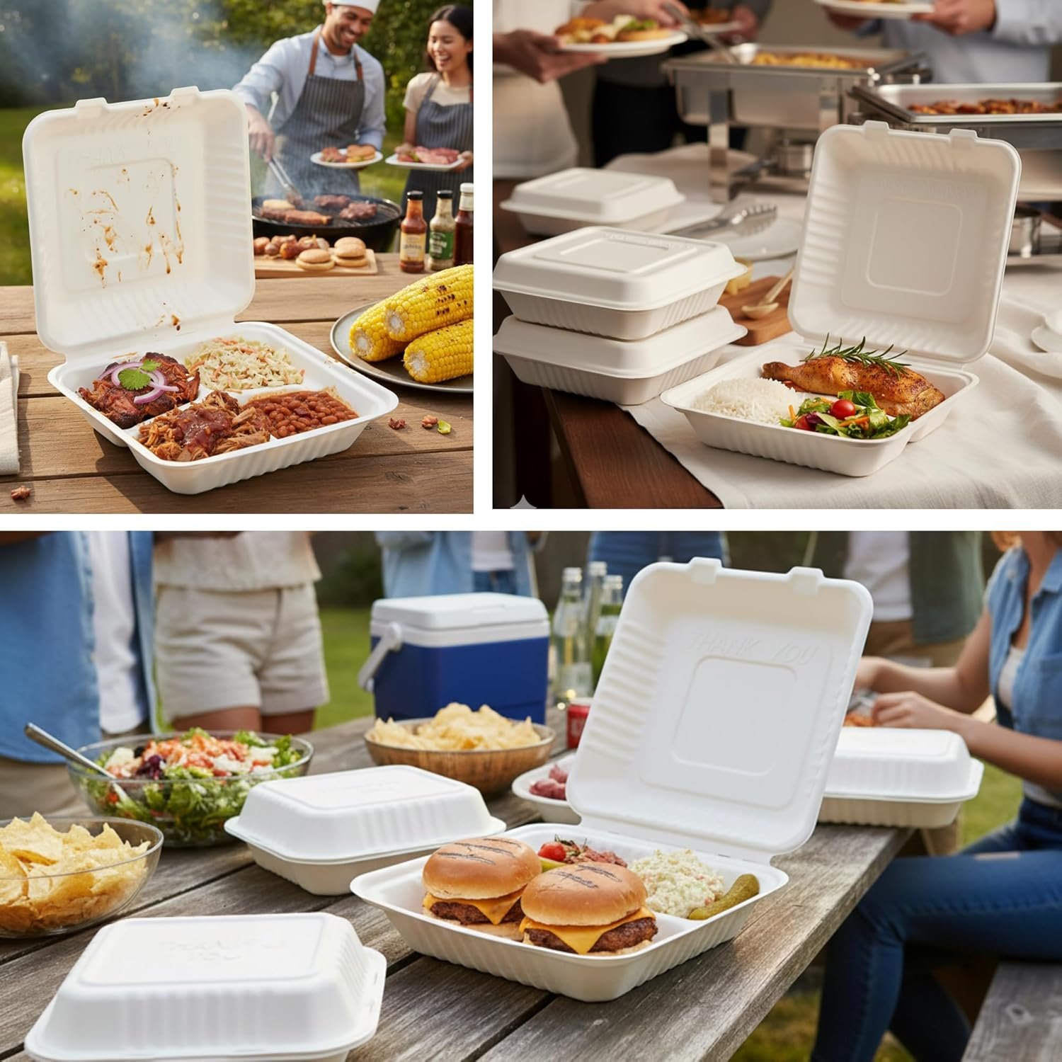 Containers alimentaires en bagasse – Vente en gros de boîtes à emporter en coques biodégradables et compostables, sans PFAS, pour aliments chauds et froids (9