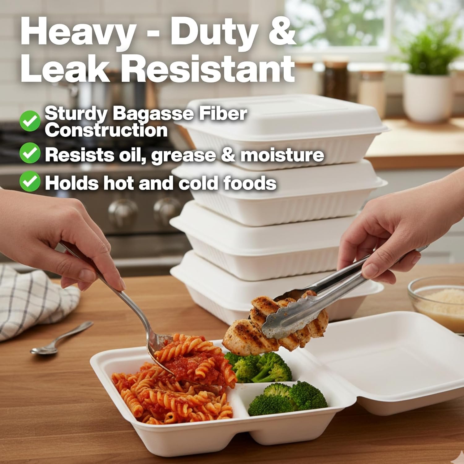 Containers alimentaires en bagasse – Vente en gros de boîtes à emporter en coques biodégradables et compostables, sans PFAS, pour aliments chauds et froids (9