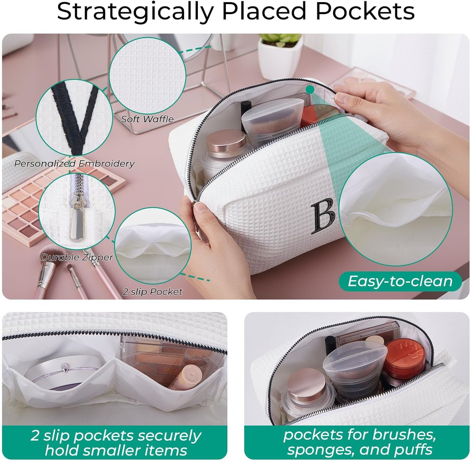 Grossiste Trousse de Maquillage Personnalisée en Waffle Blanc, Pochette de Maquillage Brodée avec Initiales, Fournisseur de Cas de Beauté Monogrammé, OEM pour Cadeaux de Demoiselles d'Honneur.