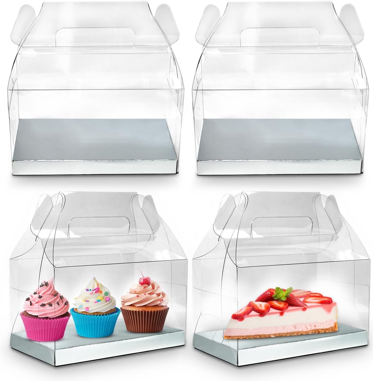 Grossiste en boîte à gâteau transparente 20 pcs avec gable en carton argenté, Favor Boxes pour desserts, cookies et cupcakes (6.3"x3.5"x3.5"), Fabricant d'emballages personnalisés, Vente en gros.