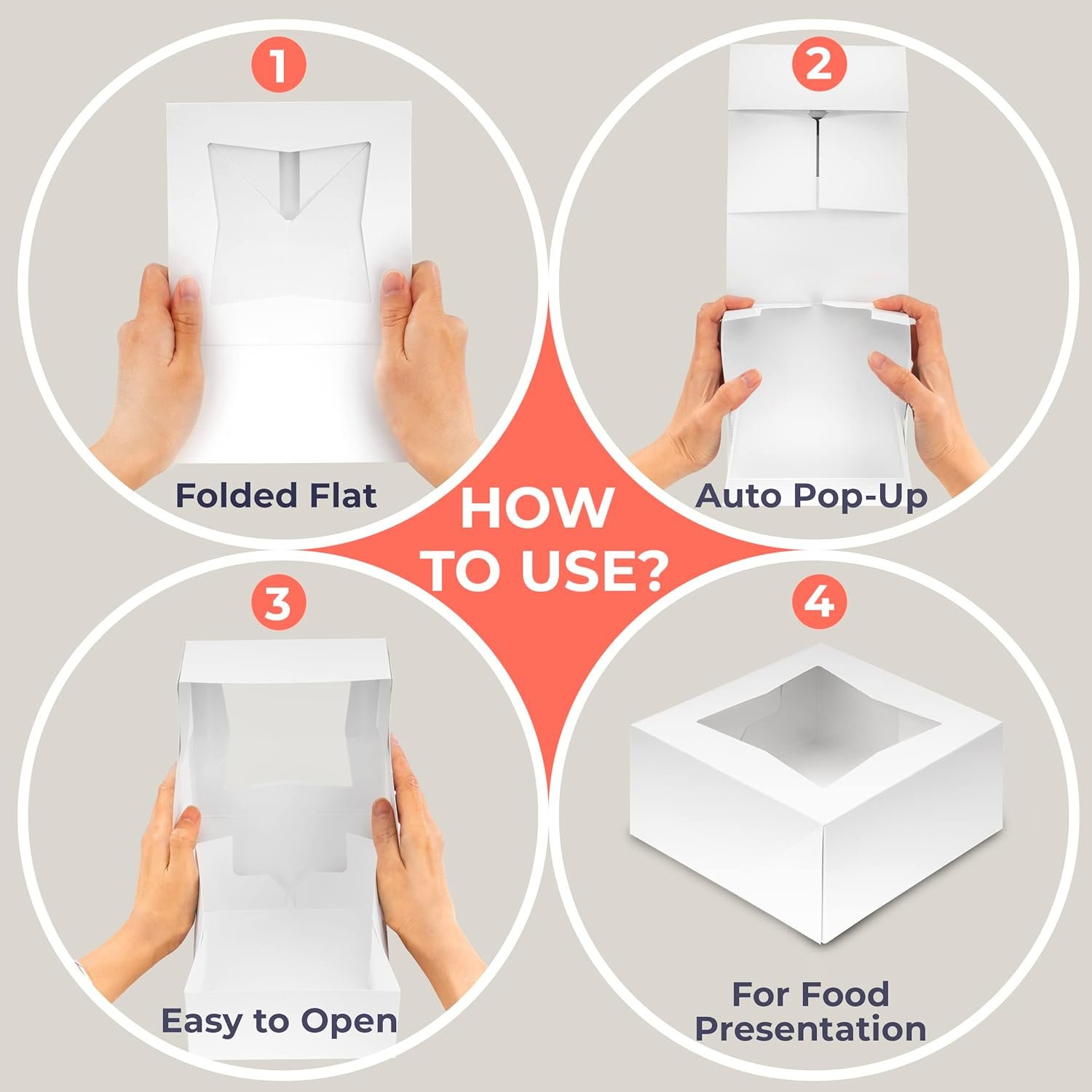 Grossiste Boîtes à pâtisserie en carton avec fenêtre 6x6x3 emballage auto-popup pour cupcakes, gâteaux et pâtisseries, Logo Personnalisé, boîte à friandises et charcuterie pour la Saint-Valentin, Noël, Fournisseur Vente en Gros.