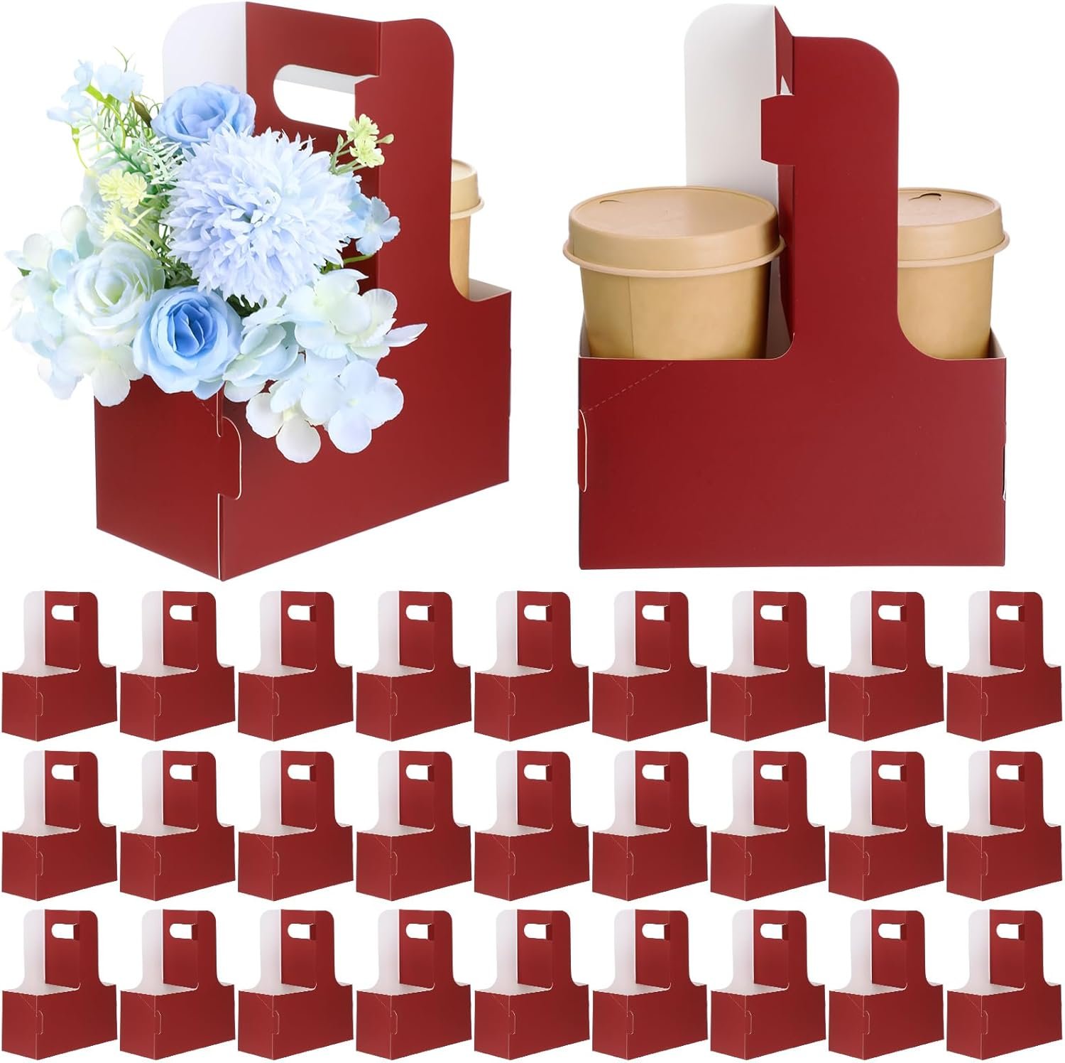 Grossiste 100 Paquet de Porte-Gobelet à 2 Tasses avec Poignée, Fabricant de Porte-Gobelet en Papier Jetable, Logo Personnalisé pour Livraison de Café (Rouge Foncé)