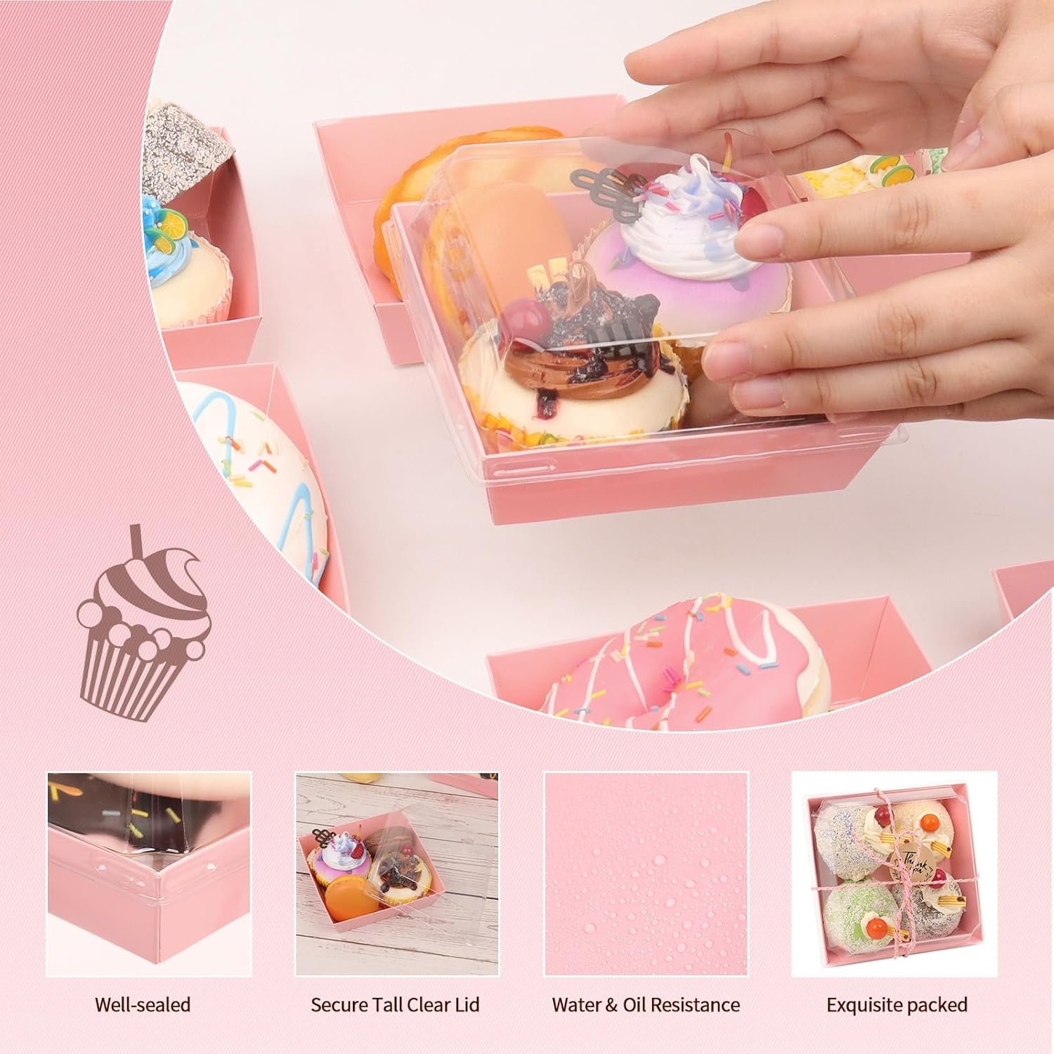 Grossiste en boîtes à charcuterie de 150 pièces, 4,7x4,7x2,6 pouces, avec couvercles clairs et sécurisés, conteneurs jetables carrés roses pour sandwichs, pâtisseries et desserts, pour une marque blanche.