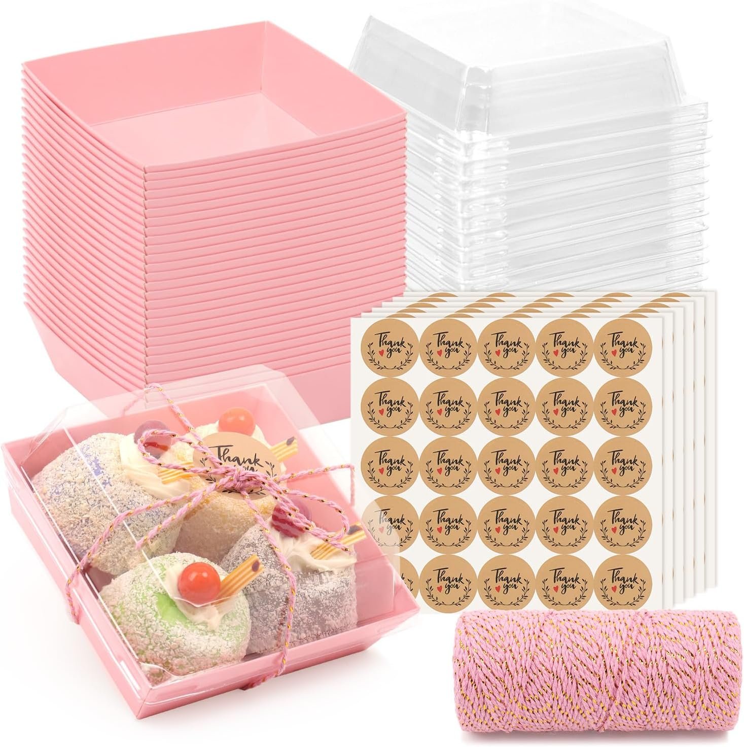 Grossiste en boîtes à charcuterie de 150 pièces, 4,7x4,7x2,6 pouces, avec couvercles clairs et sécurisés, conteneurs jetables carrés roses pour sandwichs, pâtisseries et desserts, pour une marque blanche.
