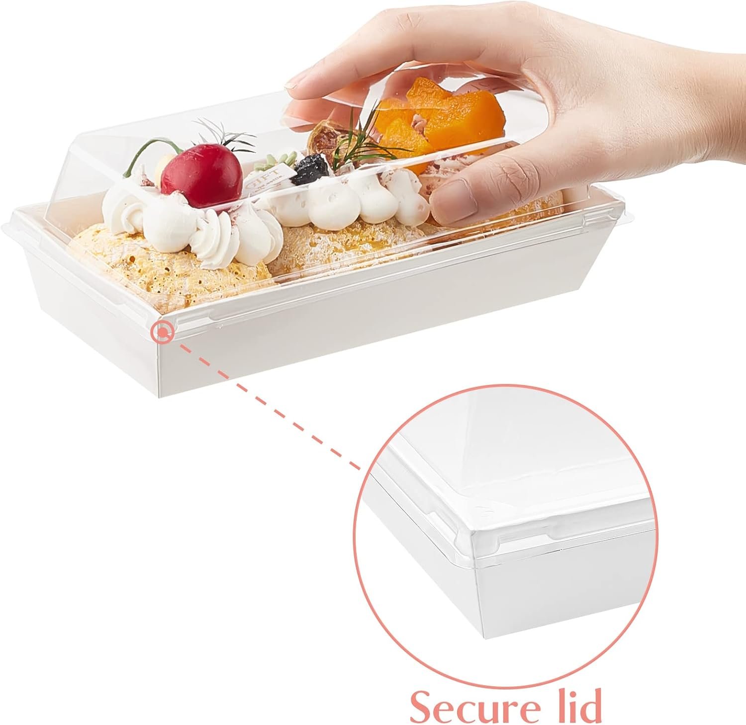 Grossiste Boîtes à pâtisserie blanches avec couvercles transparents, 50 pack, parfaites pour petits gâteaux, sandwiches, cupcakes, fraises et desserts, Fournisseur de contenants à emporter, Logo Personnalisé.