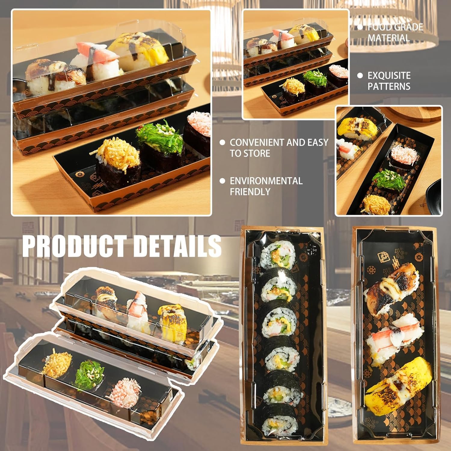 100 Paquet de Conteneurs à Sushi avec Couvercle, 8,5 x 3,5 x 1,7 Pouce, Boîtes à Emporter Jetables pour Hot-Dogs, Sandwiches, Biscuits, Frites - Vente en Gros, Fabricant, Personnalisation de Logo