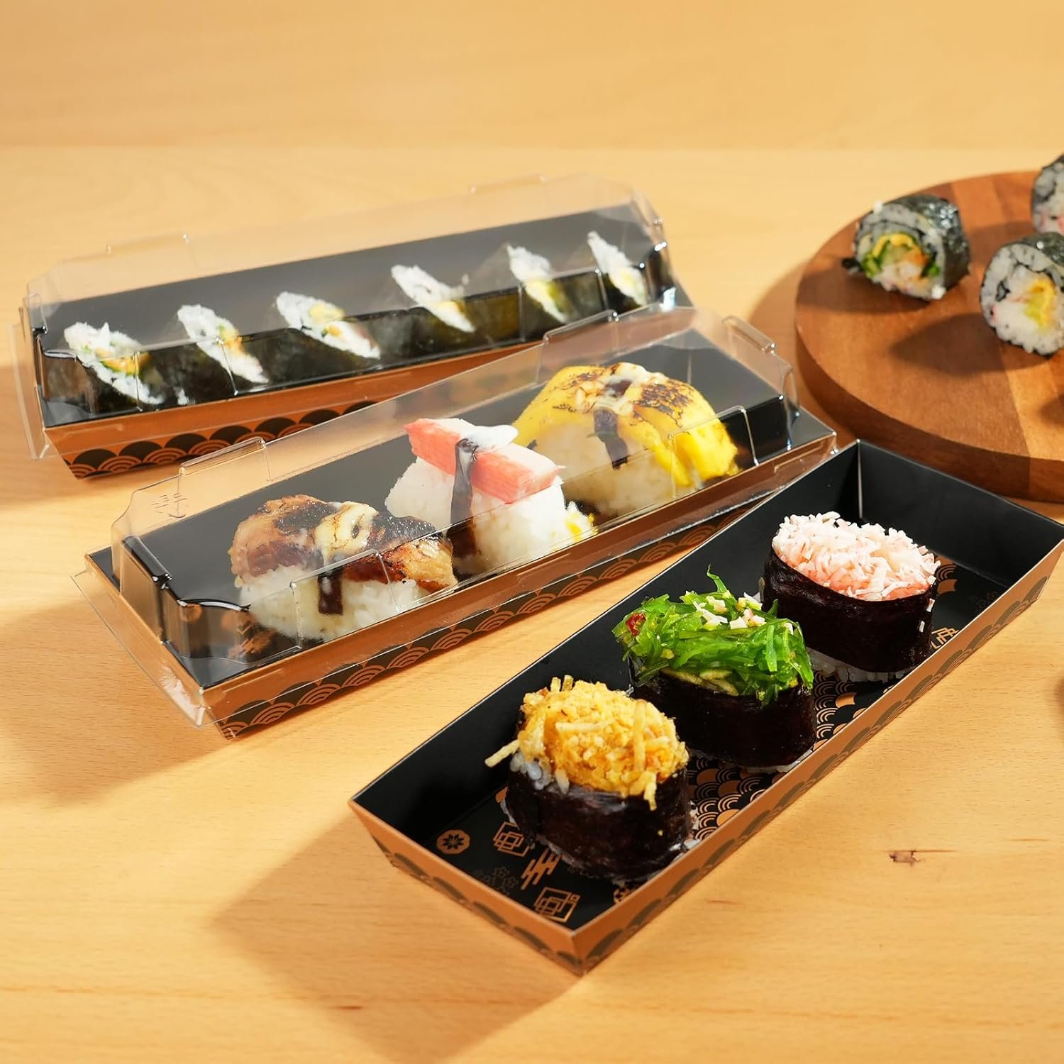 100 Paquet de Conteneurs à Sushi avec Couvercle, 8,5 x 3,5 x 1,7 Pouce, Boîtes à Emporter Jetables pour Hot-Dogs, Sandwiches, Biscuits, Frites - Vente en Gros, Fabricant, Personnalisation de Logo