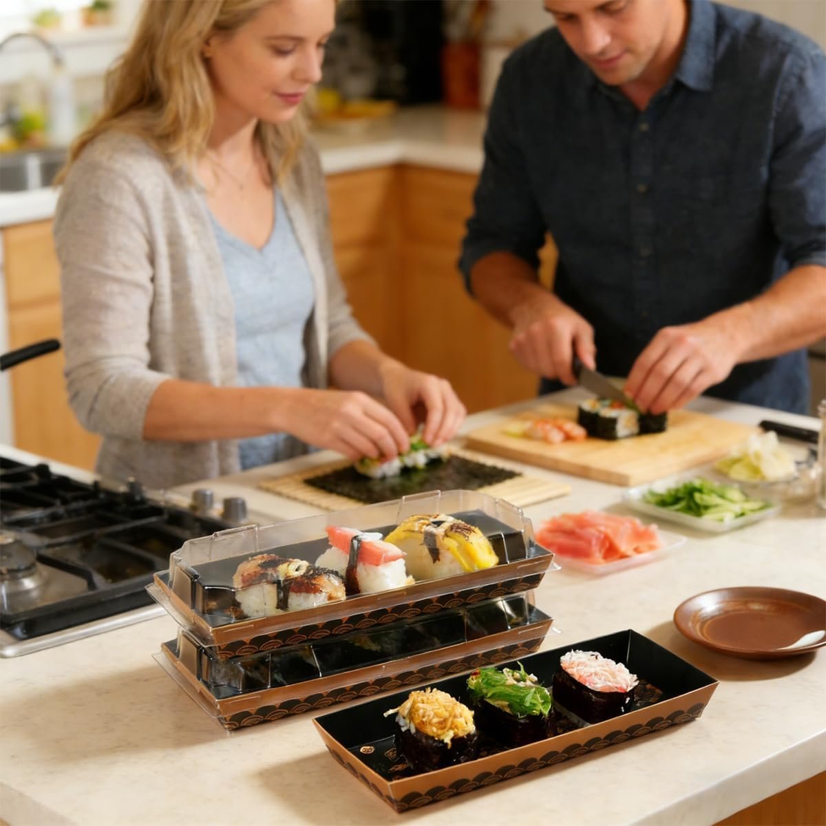 100 Paquet de Conteneurs à Sushi avec Couvercle, 8,5 x 3,5 x 1,7 Pouce, Boîtes à Emporter Jetables pour Hot-Dogs, Sandwiches, Biscuits, Frites - Vente en Gros, Fabricant, Personnalisation de Logo