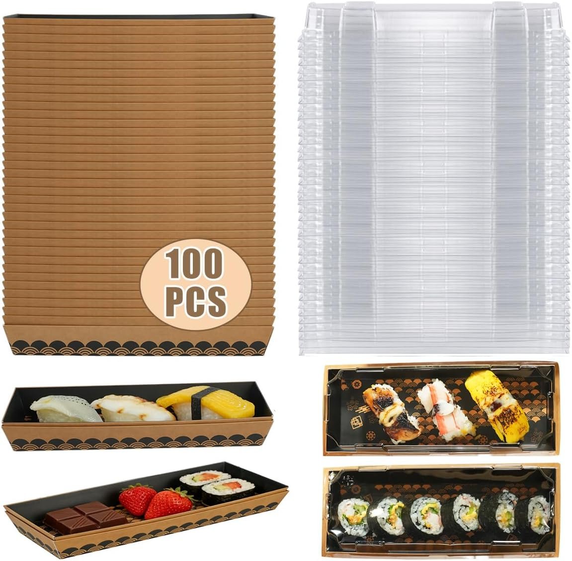 100 Paquet de Conteneurs à Sushi avec Couvercle, 8,5 x 3,5 x 1,7 Pouce, Boîtes à Emporter Jetables pour Hot-Dogs, Sandwiches, Biscuits, Frites - Vente en Gros, Fabricant, Personnalisation de Logo