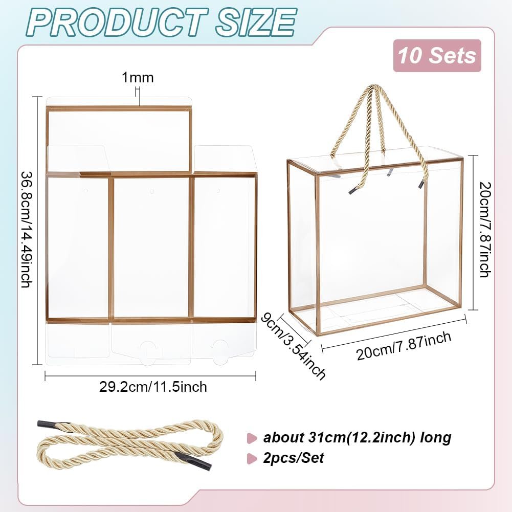 Grossiste Boîte Cadeau en PET Transparente 7.8x7.8x3.5 Pouces avec Bord Doré et Poignée, Logo Personnalisé pour Fêtes, Fournisseur de Boîtes à Favor pour Mariage et Anniversaire en Vrac