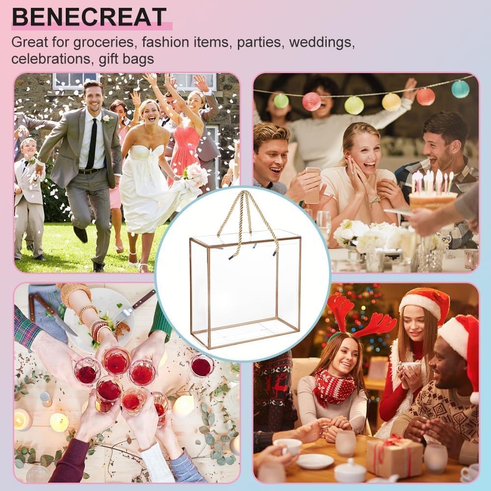 Grossiste Boîte Cadeau en PET Transparente 7.8x7.8x3.5 Pouces avec Bord Doré et Poignée, Logo Personnalisé pour Fêtes, Fournisseur de Boîtes à Favor pour Mariage et Anniversaire en Vrac