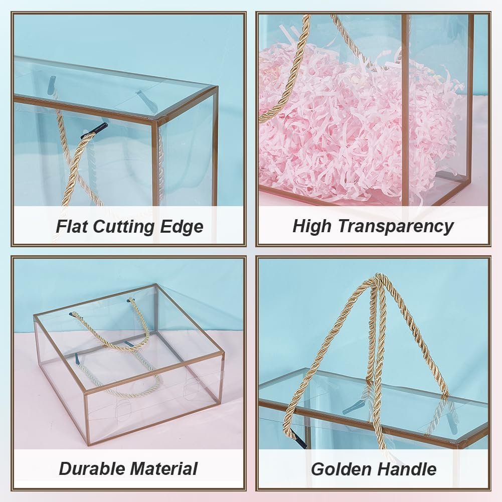 Grossiste Boîte Cadeau en PET Transparente 7.8x7.8x3.5 Pouces avec Bord Doré et Poignée, Logo Personnalisé pour Fêtes, Fournisseur de Boîtes à Favor pour Mariage et Anniversaire en Vrac