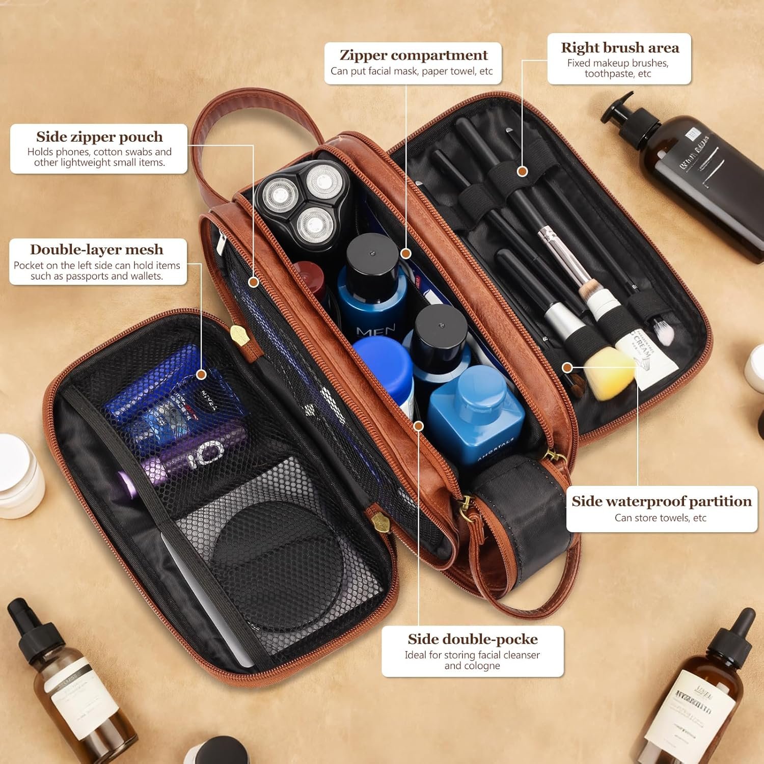 Sac de toilette de voyage pour hommes, fabriqué en PU cuir, essentiel de voyage personnalisé, grossiste pour articles de toilette, cadeaux d'anniversaire pour hommes, marron, OEM Sac de toilette de voyage pour hommes, fabriqué en PU cuir, essentiel de voyage personnalisé, grossiste pour articles de toilette, cadeaux d'anniversaire pour hommes, marron, OEM