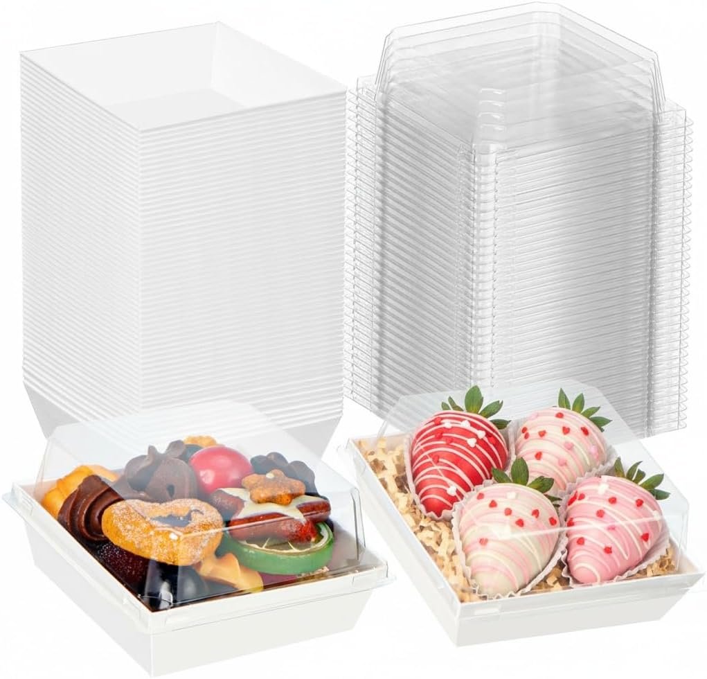 Grossiste Boîtes à Pâtisserie Blanches 4"x4"x2.3" avec Couvercles Transparents - Charcuterie et Desserts Jetables Pour Cookies, Gâteaux, Fraises au Chocolat, et Gourmandises à Emporter - Logo Personnalisé et Fournisseur en Vrac