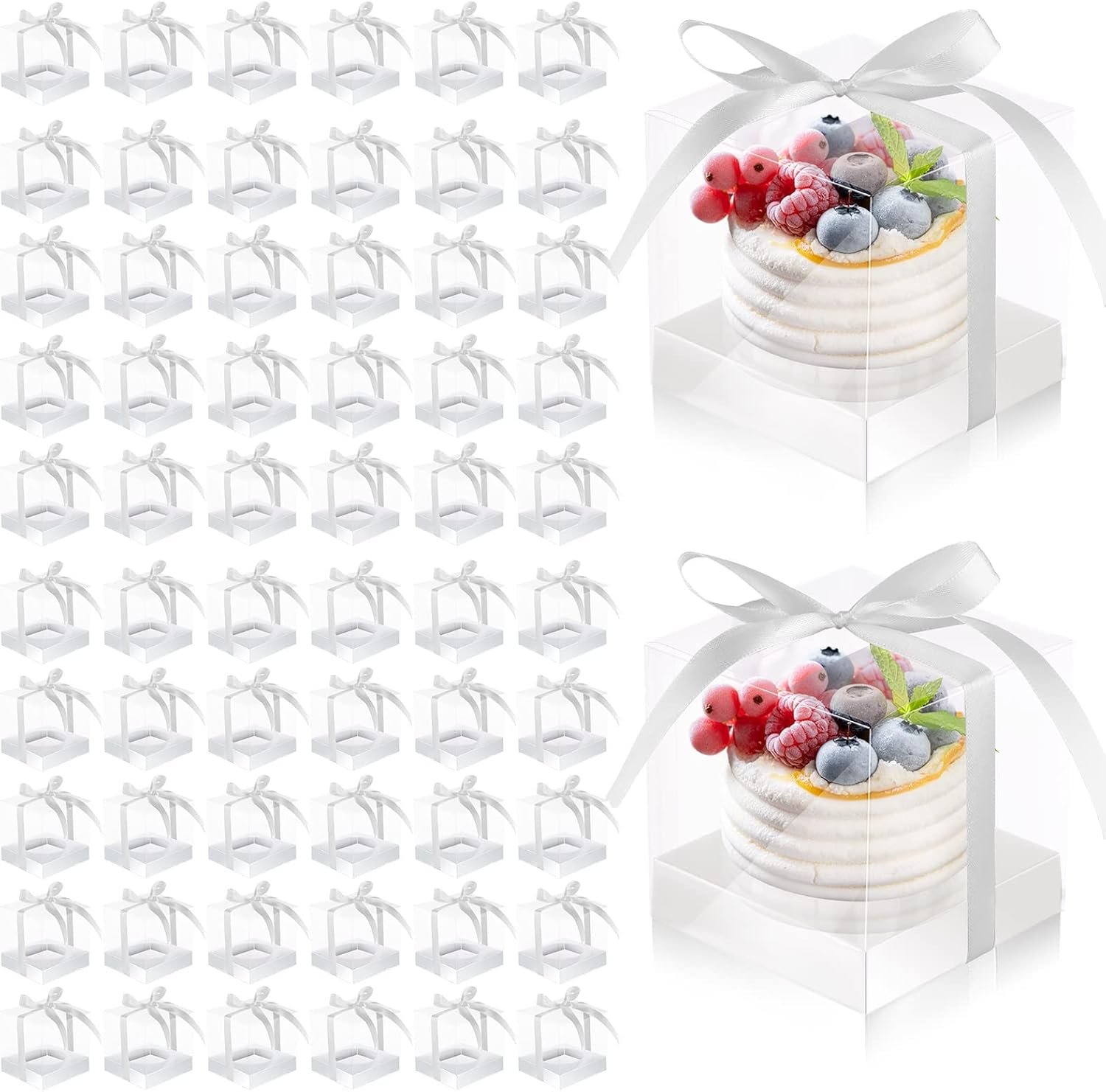 Grossiste boîte cadeau transparente 3,5" pour cupcake avec inserts et ruban, fabricant de solutions en plastique, OEM emballage pour mariage et baby shower.