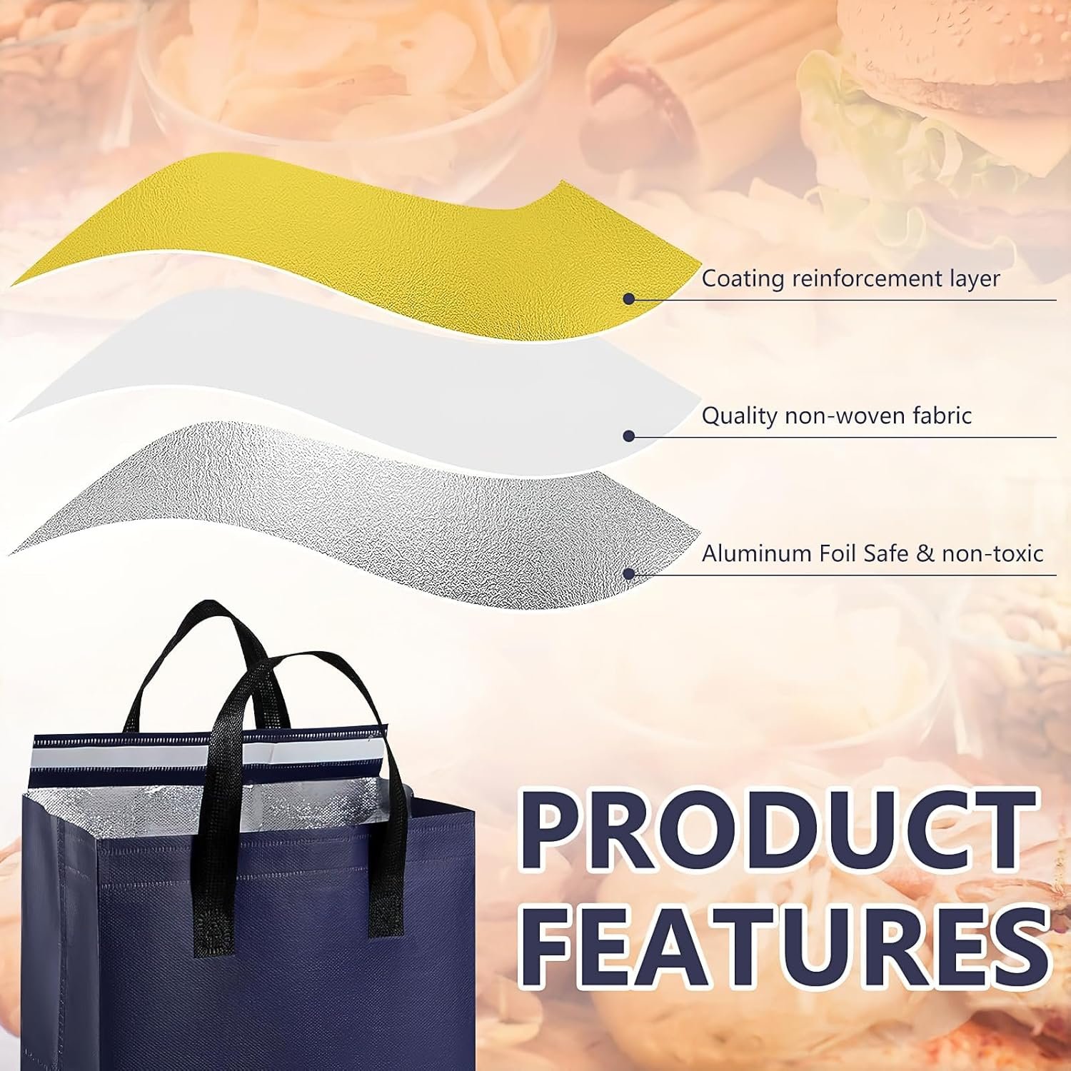 Bags Take Away Isolés en Vrac, 100 Pcs Sac Thermique Réutilisable pour Livraison de Nourriture (9,5 x 6 x 9,5 in), Logo Personnalisé, Fournisseur, Sac Isotherme pour Plats Chauds et Froids.