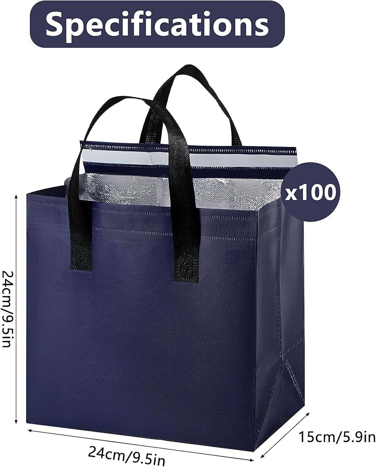Bags Take Away Isolés en Vrac, 100 Pcs Sac Thermique Réutilisable pour Livraison de Nourriture (9,5 x 6 x 9,5 in), Logo Personnalisé, Fournisseur, Sac Isotherme pour Plats Chauds et Froids.