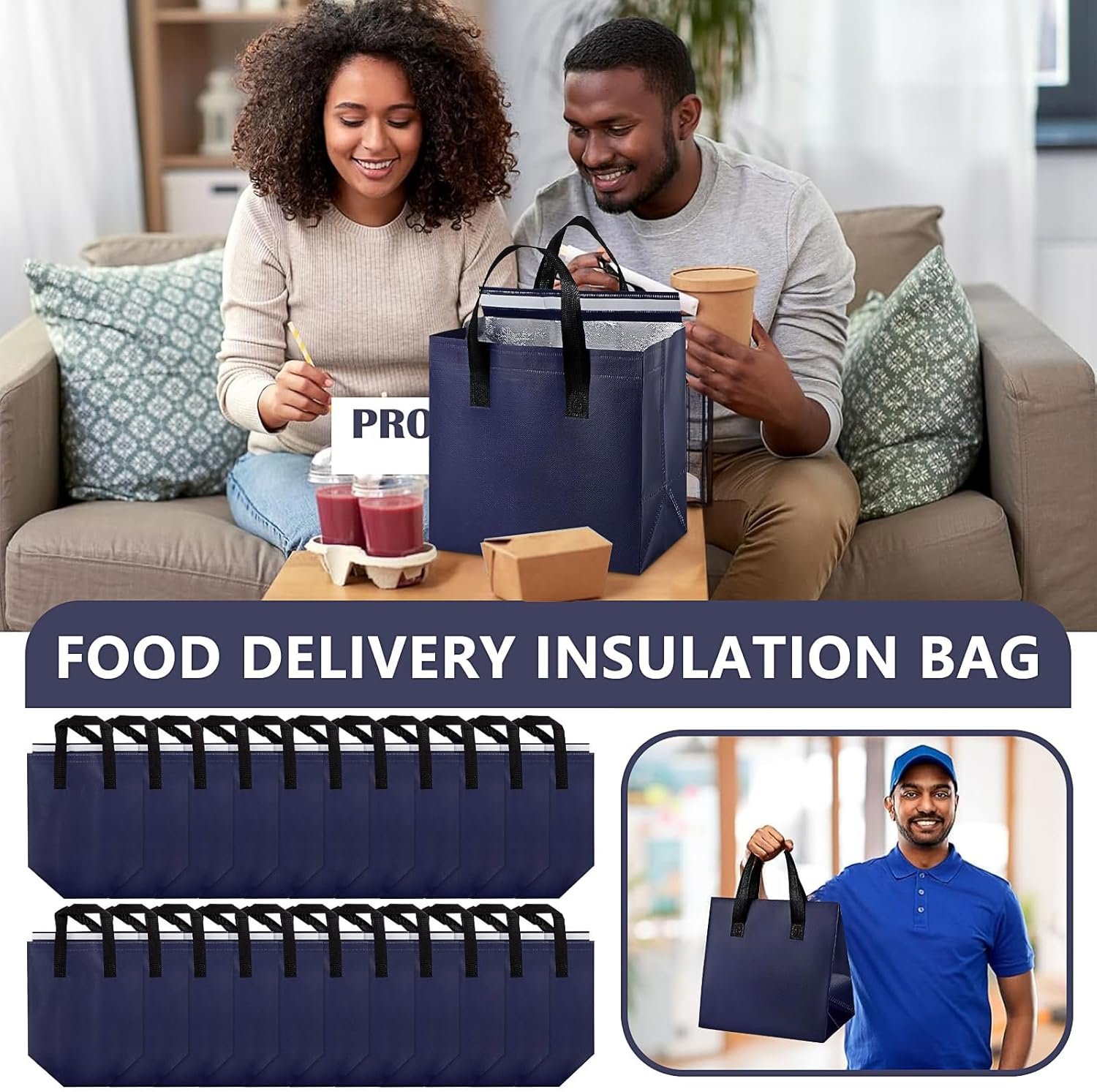 Bags Take Away Isolés en Vrac, 100 Pcs Sac Thermique Réutilisable pour Livraison de Nourriture (9,5 x 6 x 9,5 in), Logo Personnalisé, Fournisseur, Sac Isotherme pour Plats Chauds et Froids.