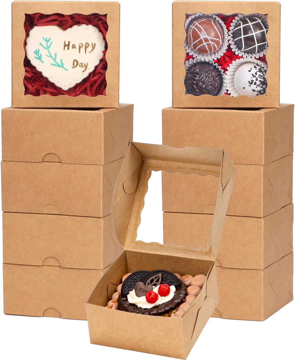 Boîtes à pâtisserie brunes de 50 unités, 4x4x2 pouces - Vente en gros d'emballages alimentaires pour cookies, truffes et cadeaux de mariage, avec logo personnalisé - Fabricant d'options polyvalentes pour gâteaux, tartes et rouleaux à la cannelle.