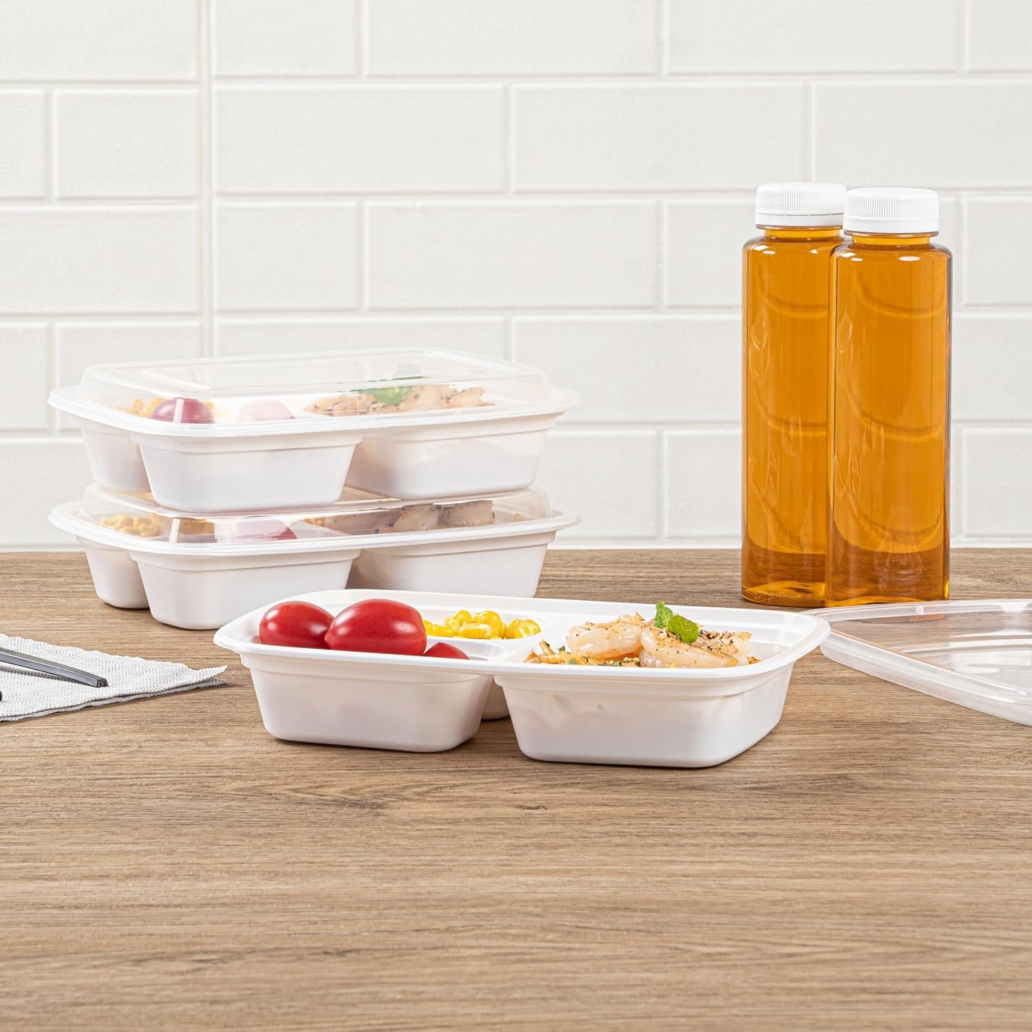 Grossiste Boîtes à emporter compartimentées de 26 onces, 50 contenants alimentaires en plastique blanc, 3 compartiments, avec couvercles en plastique clair, sans BPA, pour préparation de repas, Fabricant en gros, Logo Personnalisé.