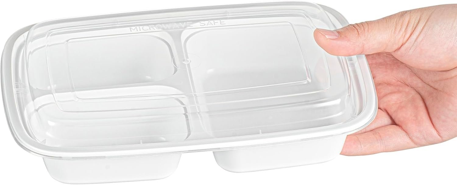 Grossiste Boîtes à emporter compartimentées de 26 onces, 50 contenants alimentaires en plastique blanc, 3 compartiments, avec couvercles en plastique clair, sans BPA, pour préparation de repas, Fabricant en gros, Logo Personnalisé.