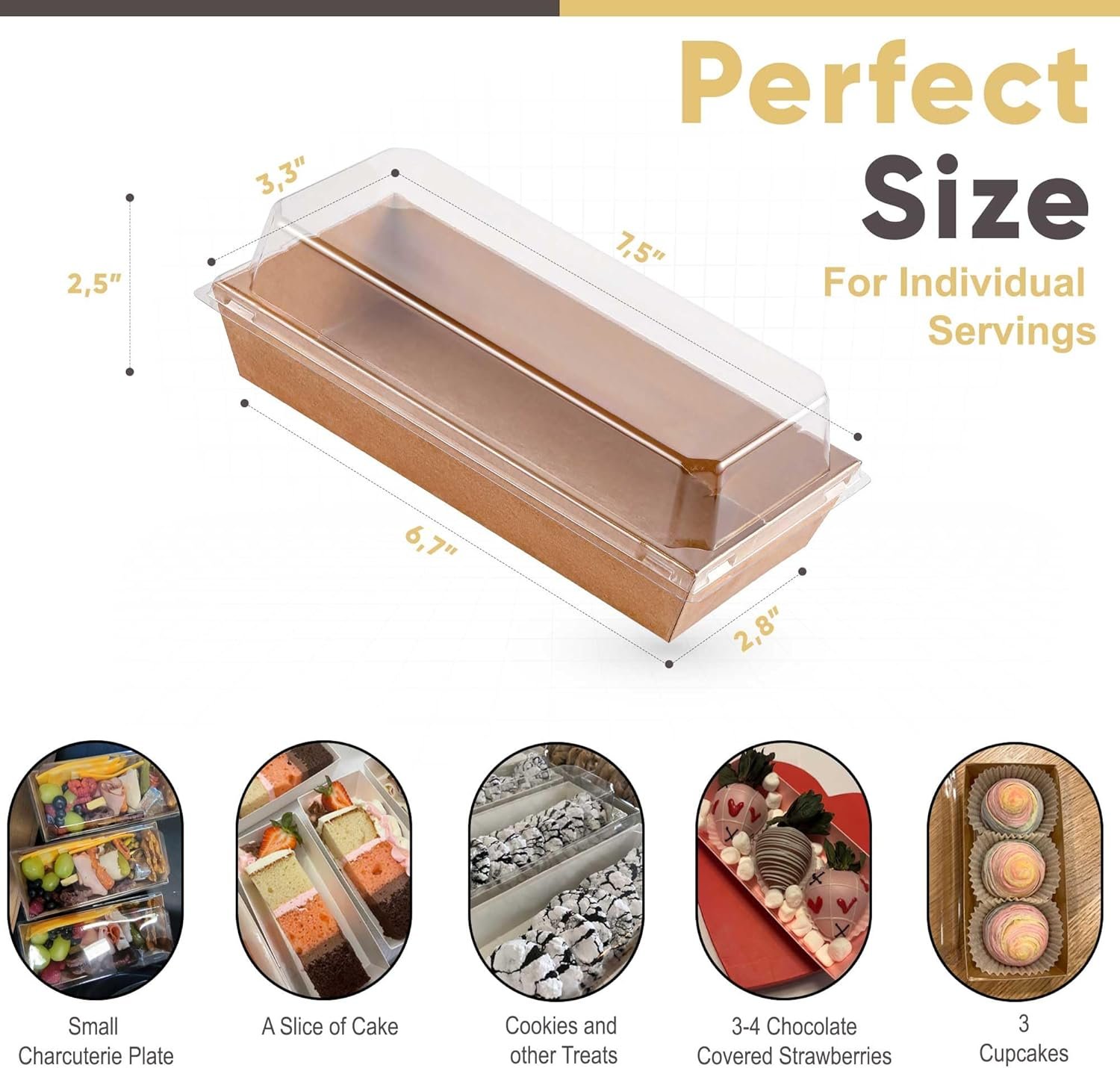 Boîte à charcuterie 50 pièces 7,5x3,3 pouces - Fournisseur de mini boîtes à desserts avec couvercles transparents, pour gros volumes, OEM, accessoires pour planches de charcuterie, gâteau, chocolat, donuts.