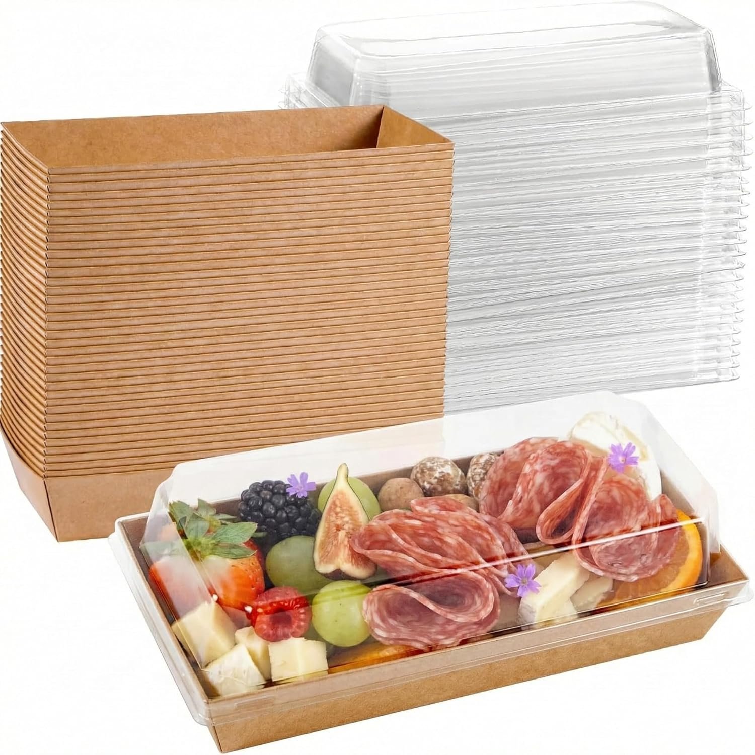 Boîte à charcuterie 50 pièces 7,5x3,3 pouces - Fournisseur de mini boîtes à desserts avec couvercles transparents, pour gros volumes, OEM, accessoires pour planches de charcuterie, gâteau, chocolat, donuts.