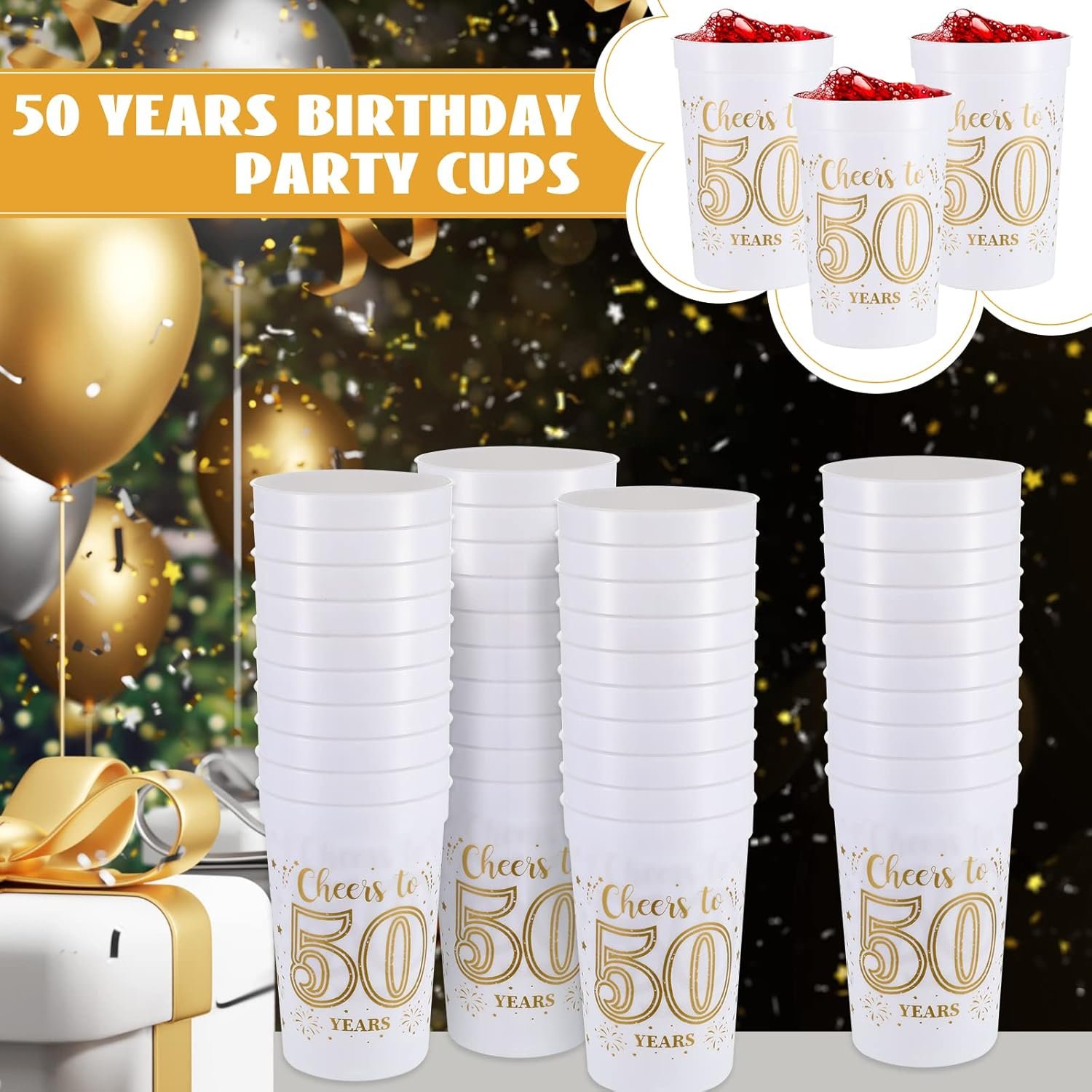 Grossiste en Vrac de 40 gobelets en plastique de 16 oz pour anniversaires, fournitures de fête pour hommes et femmes, logo personnalisé avec décoration or et blanc, fabricant d'accessoires pour la célébration des 50 ans. Grossiste en Vrac de 40 gobelets en plastique de 16 oz pour anniversaires, fournitures de fête pour hommes et femmes, logo personnalisé avec décoration or et blanc, fabricant d'accessoires pour la célébration des 50 ans.
