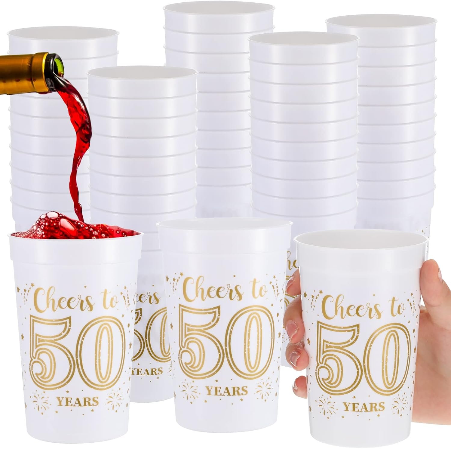 Grossiste en Vrac de 40 gobelets en plastique de 16 oz pour anniversaires, fournitures de fête pour hommes et femmes, logo personnalisé avec décoration or et blanc, fabricant d'accessoires pour la célébration des 50 ans.