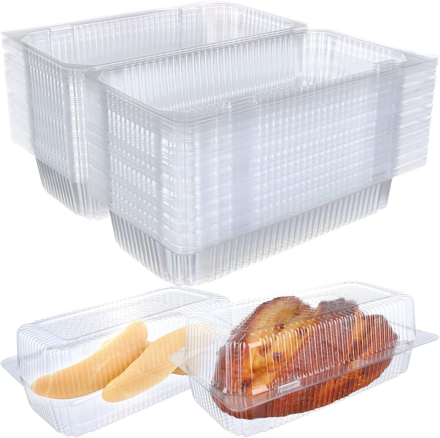Grossiste en contenant plastique transparent, boîte à hot dog avec couvercle hinged, 50 pièces, taille 9,06 x 4,92 x 3,15“, fournisseur pour takeout restaurant, logo personnalisé.