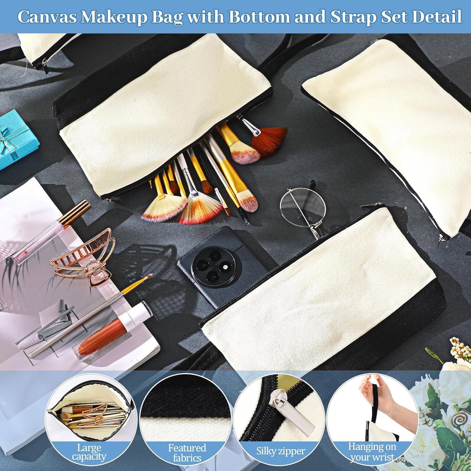 Grossiste de 48 Pcs de Sacs de Maquillage en Toile de Coton 10,2 x 5,5 x 2 Pouces, Pouch Personnalisé DIY en Vrac avec Trousse de Toilette pour Femmes (Beige et Noir) - Fabricant Qualifié.