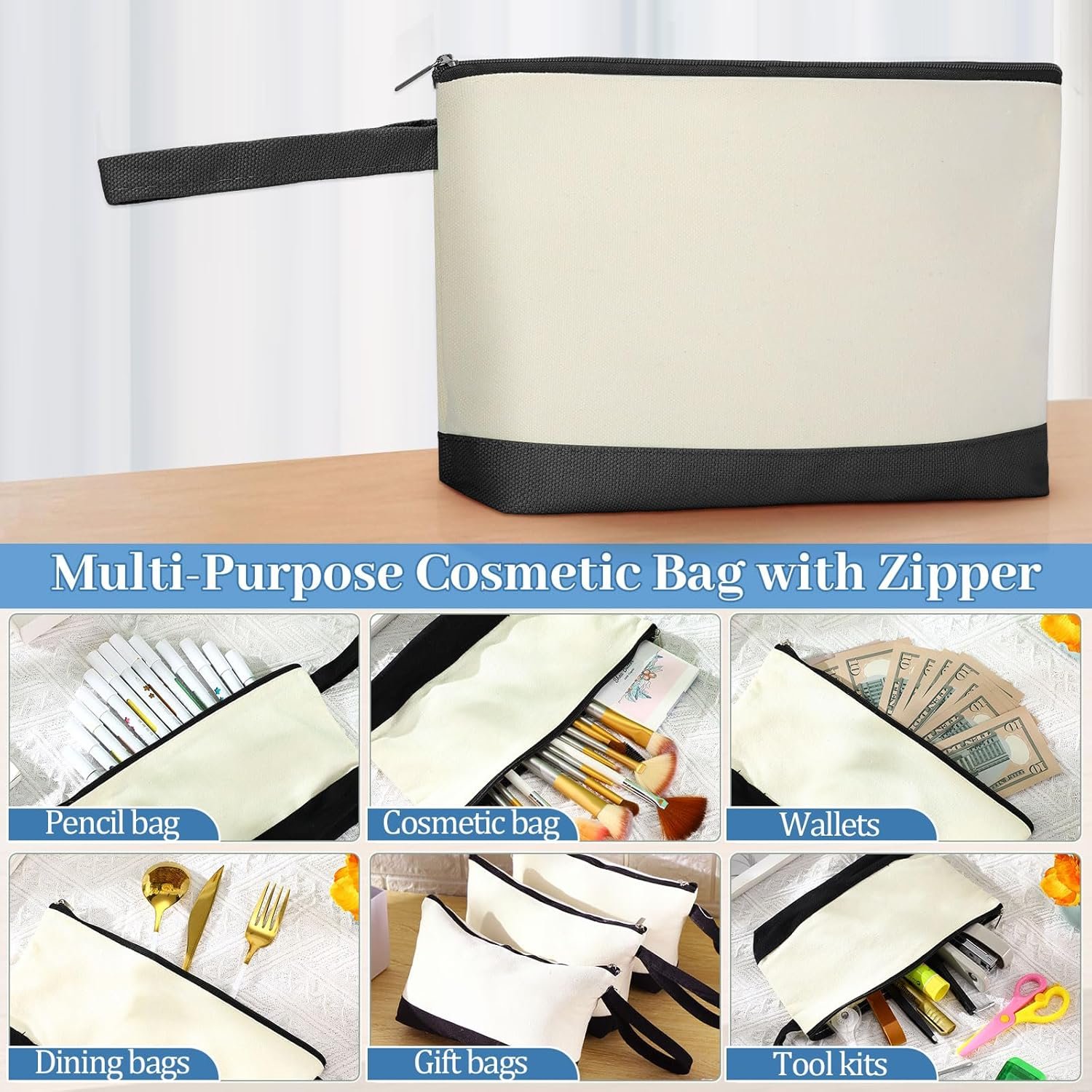 Grossiste de 48 Pcs de Sacs de Maquillage en Toile de Coton 10,2 x 5,5 x 2 Pouces, Pouch Personnalisé DIY en Vrac avec Trousse de Toilette pour Femmes (Beige et Noir) - Fabricant Qualifié.