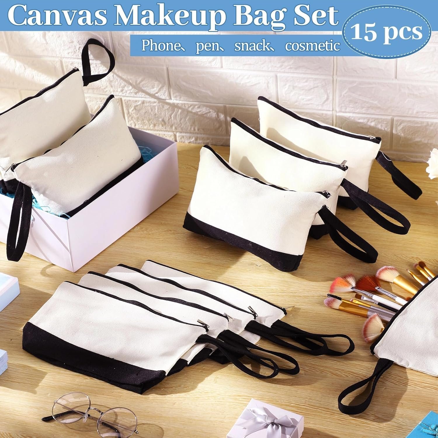 Grossiste de 48 Pcs de Sacs de Maquillage en Toile de Coton 10,2 x 5,5 x 2 Pouces, Pouch Personnalisé DIY en Vrac avec Trousse de Toilette pour Femmes (Beige et Noir) - Fabricant Qualifié.