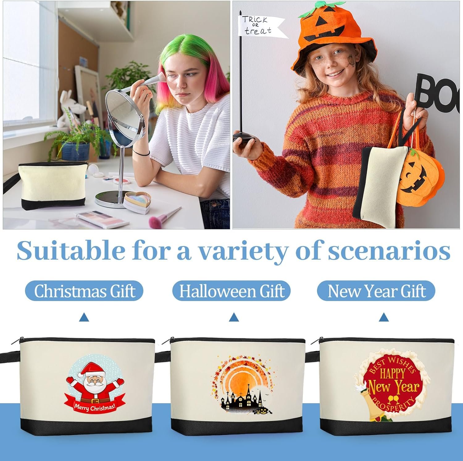 Grossiste de 48 Pcs de Sacs de Maquillage en Toile de Coton 10,2 x 5,5 x 2 Pouces, Pouch Personnalisé DIY en Vrac avec Trousse de Toilette pour Femmes (Beige et Noir) - Fabricant Qualifié.