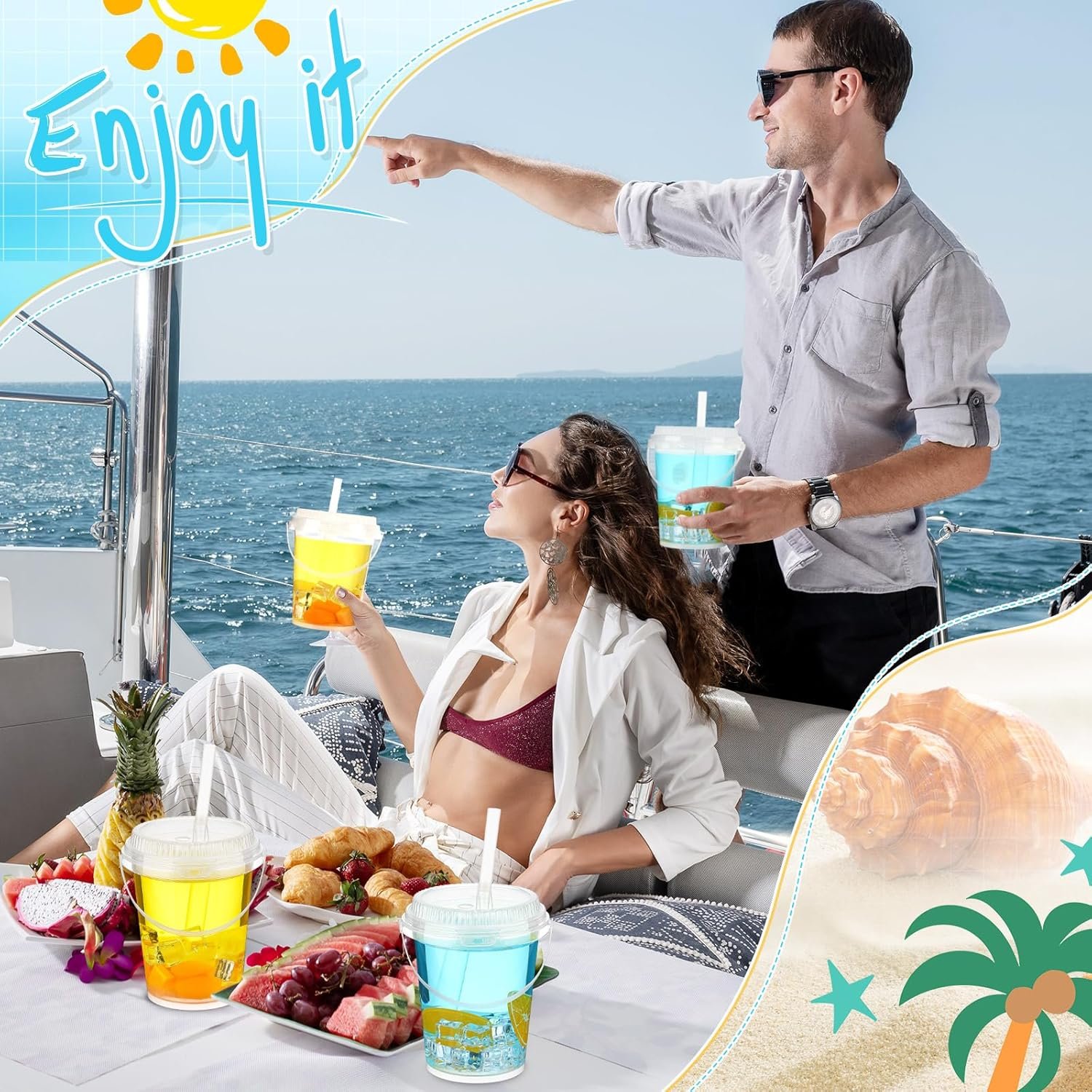 Grossiste seau à boisson en plastique transparent de 34 oz avec couvercles et pailles, OEM seau de cocktail pour adults, marque blanche pour soirées enterrement de vie de jeune fille, événements de plage et de restauration.