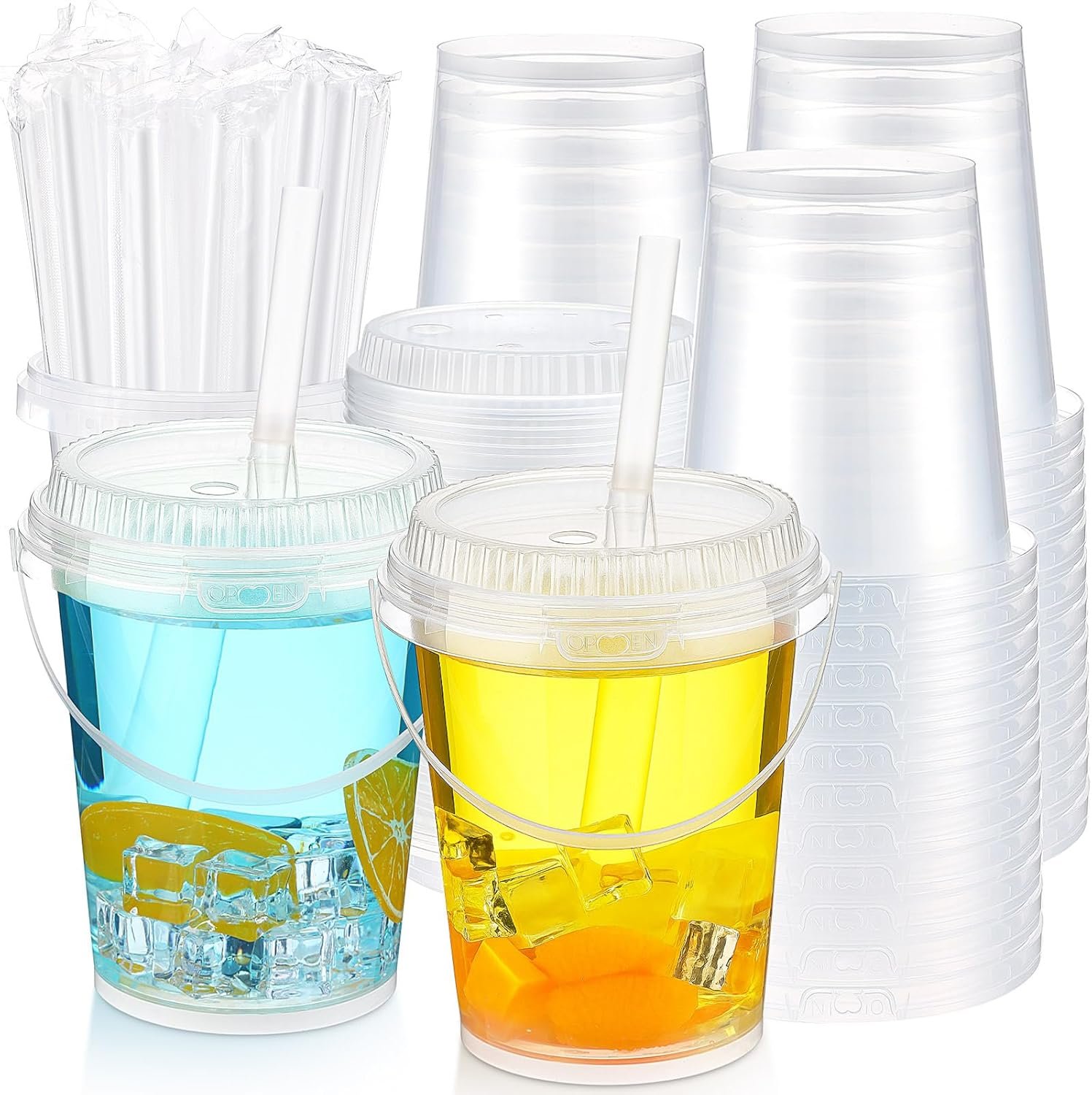 Grossiste seau à boisson en plastique transparent de 34 oz avec couvercles et pailles, OEM seau de cocktail pour adults, marque blanche pour soirées enterrement de vie de jeune fille, événements de plage et de restauration.