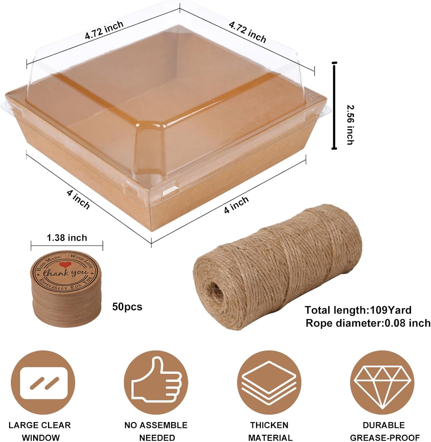 Grossiste Boîtes Charcuterie 50 Packs avec Couvercles Transparente, Contenants Alimentaires en Papier Kraft Résistant à l'Huile de 4 Pouces pour Sandwichs, Cookies, Cupcakes et Fraises, Fournisseur Marque Blanche