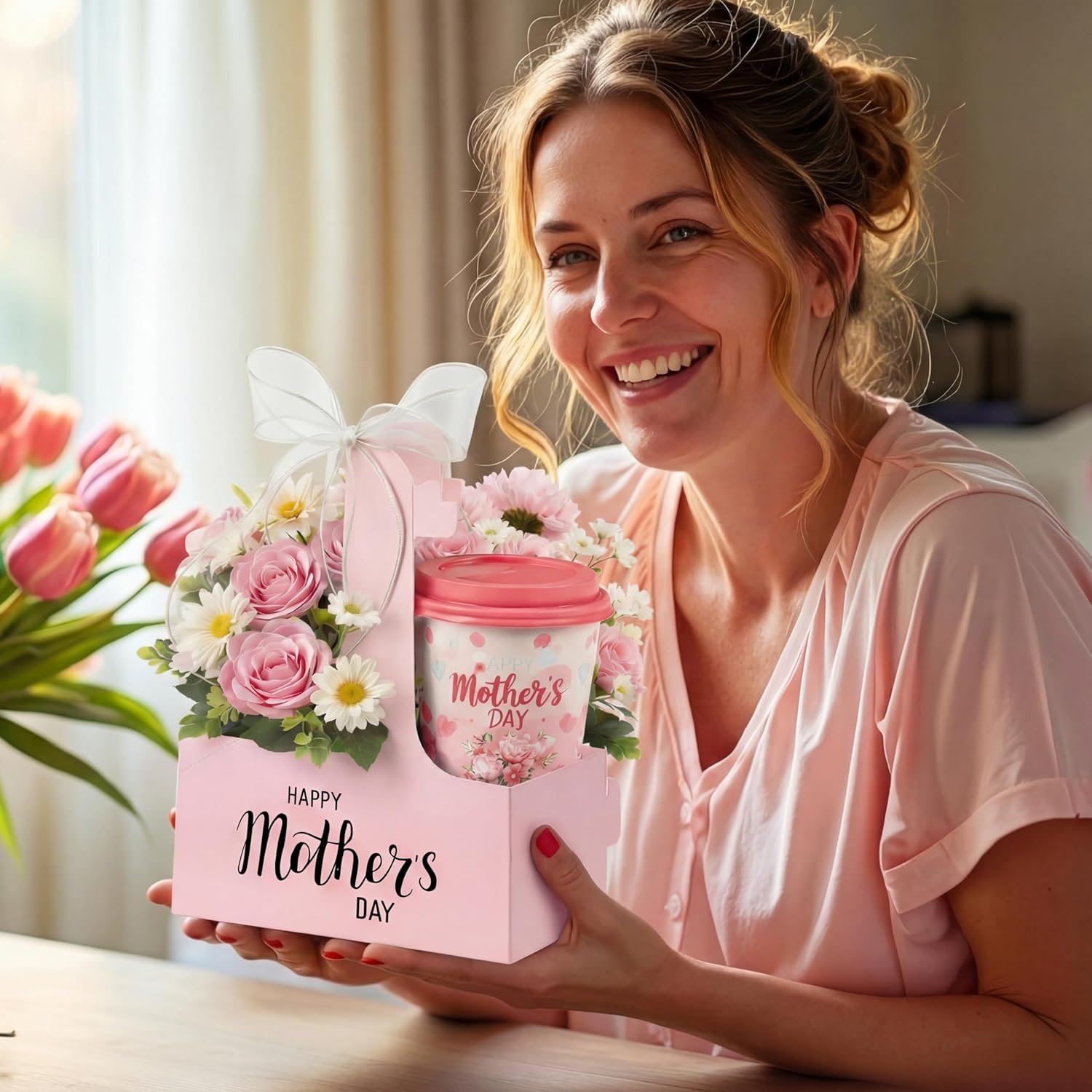 Grossiste de porte-gobelets en papier 24 Pack pour 2 tasses avec poignée, idéal pour la fête des mères, contenant un ruban pour boissons chaudes ou froides. Fabricant de supports pour boissons à emporter, pratique pour livraison alimentaire, logo personnalisé sur demande. Vente en gros de porte-gobelets pour café.