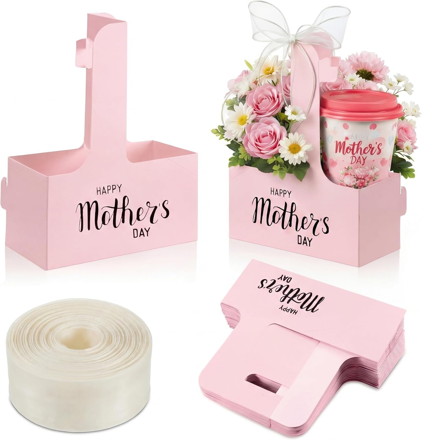 Grossiste de porte-gobelets en papier 24 Pack pour 2 tasses avec poignée, idéal pour la fête des mères, contenant un ruban pour boissons chaudes ou froides. Fabricant de supports pour boissons à emporter, pratique pour livraison alimentaire, logo personnalisé sur demande. Vente en gros de porte-gobelets pour café.