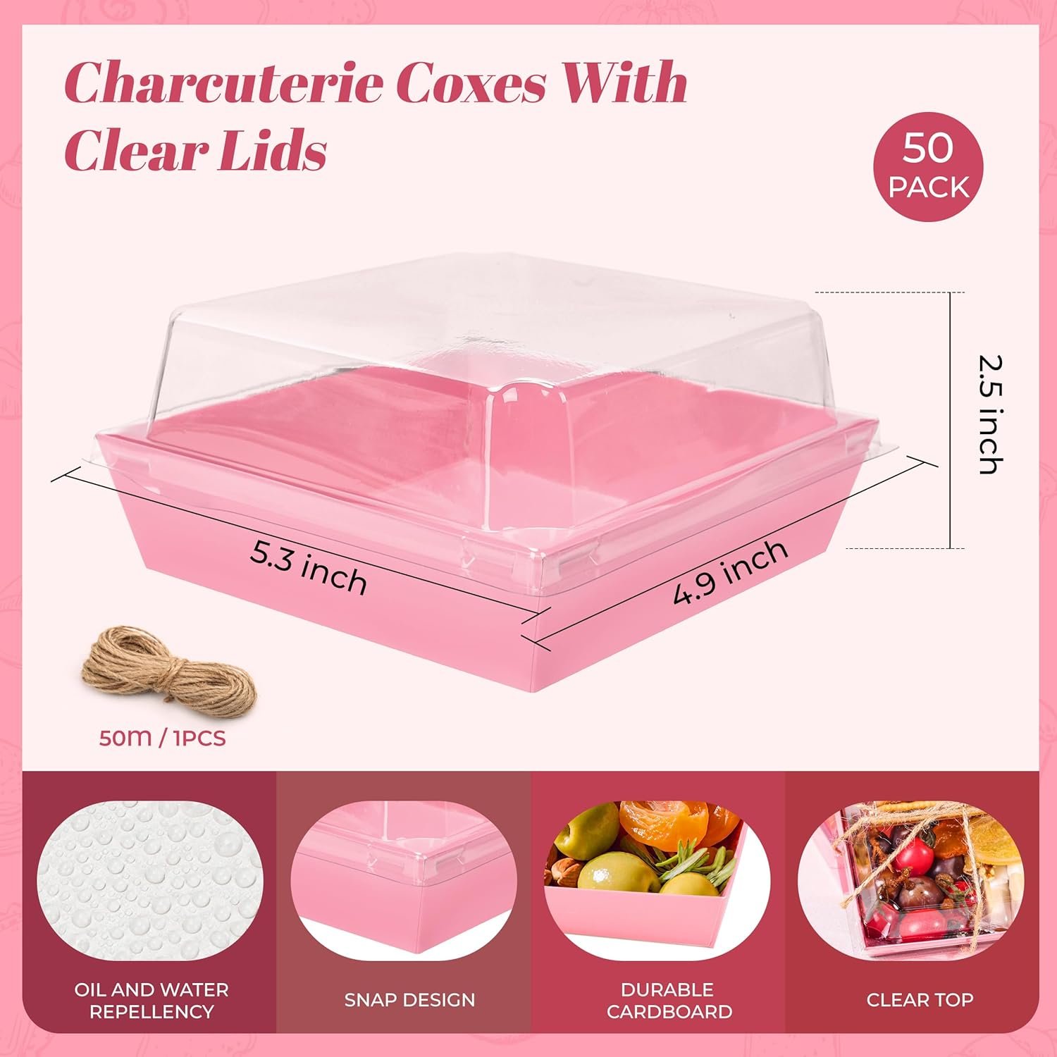 Boîtes à charcuterie en papier 50 pièces 5,3x4,9x2,5 pouces pour contenants à emporter avec couvercles transparents, Vente en Gros, Fournisseur de qualité, Personnalisation de logo (Rose)