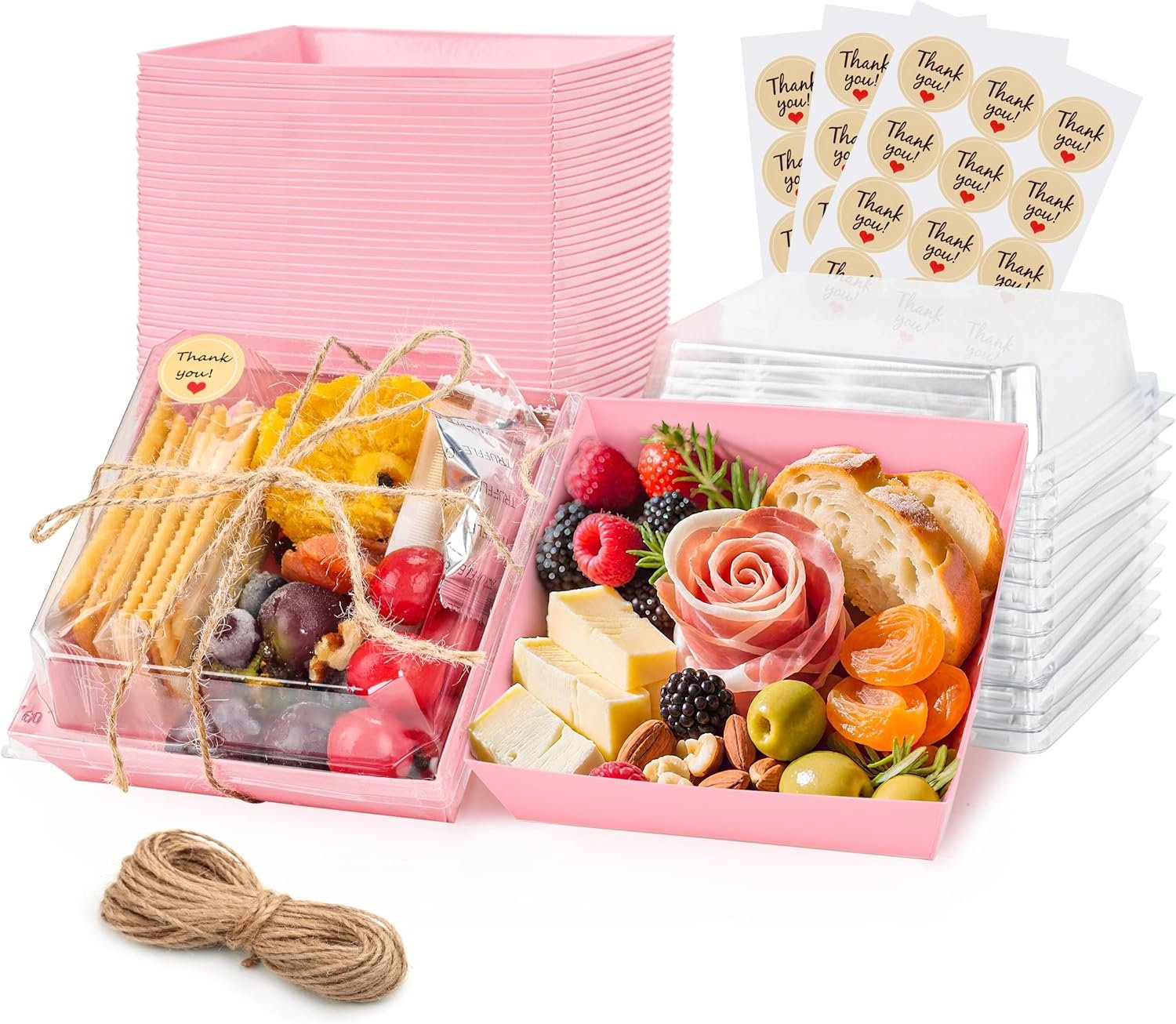 Boîtes à charcuterie en papier 50 pièces 5,3x4,9x2,5 pouces pour contenants à emporter avec couvercles transparents, Vente en Gros, Fournisseur de qualité, Personnalisation de logo (Rose)