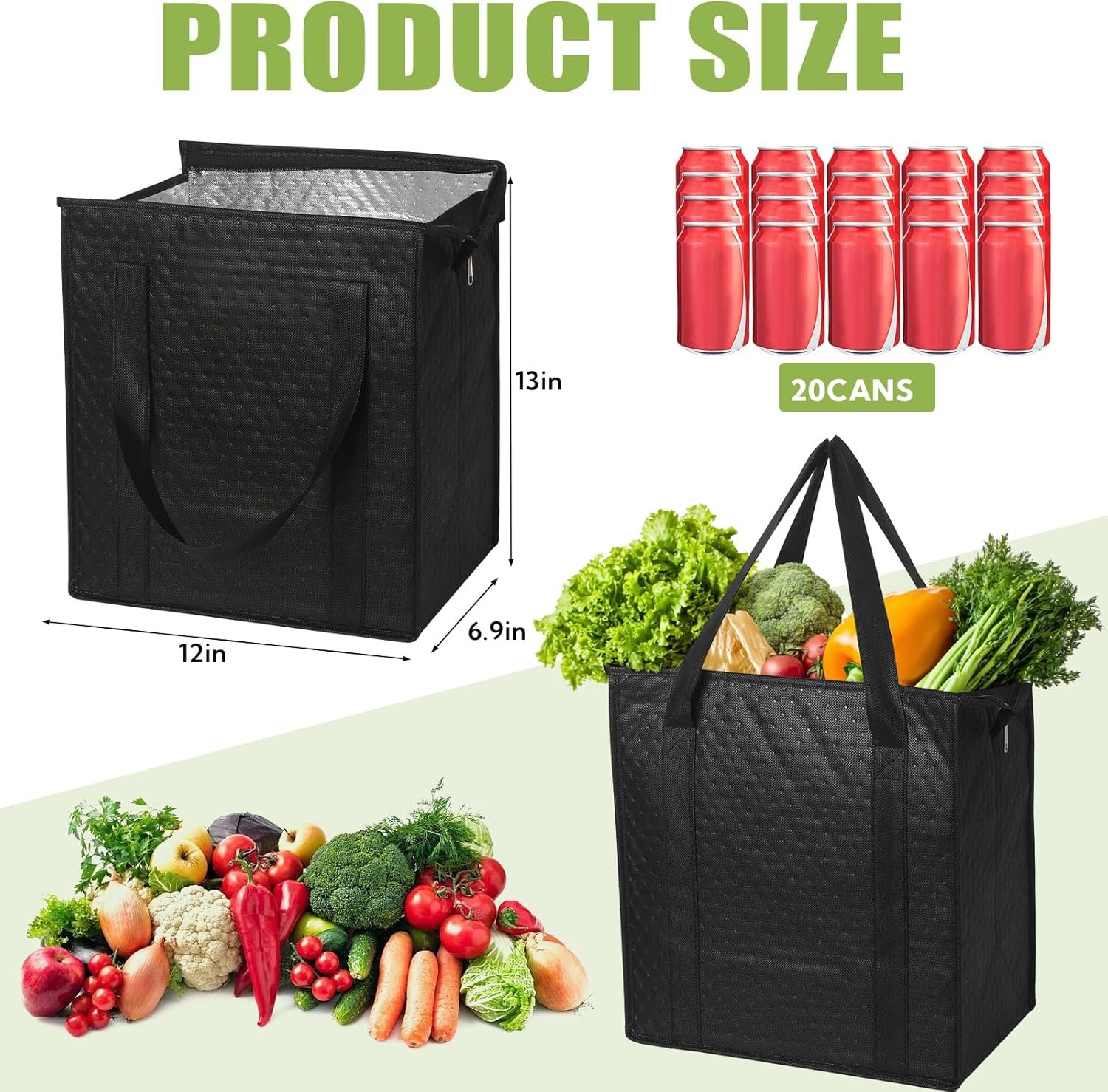 Sac isotherme pliable de 20 pièces pour courses, fournisseur de sacs à fermeture éclair avec poignées, vente en gros pour aliments chauds et froids.