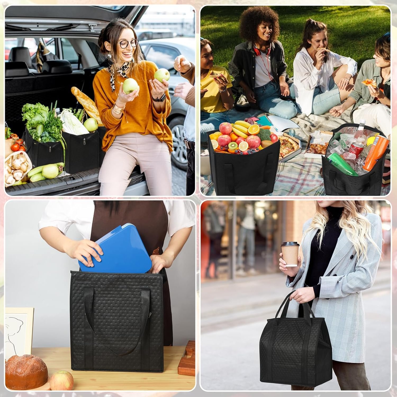 Sac isotherme pliable de 20 pièces pour courses, fournisseur de sacs à fermeture éclair avec poignées, vente en gros pour aliments chauds et froids.