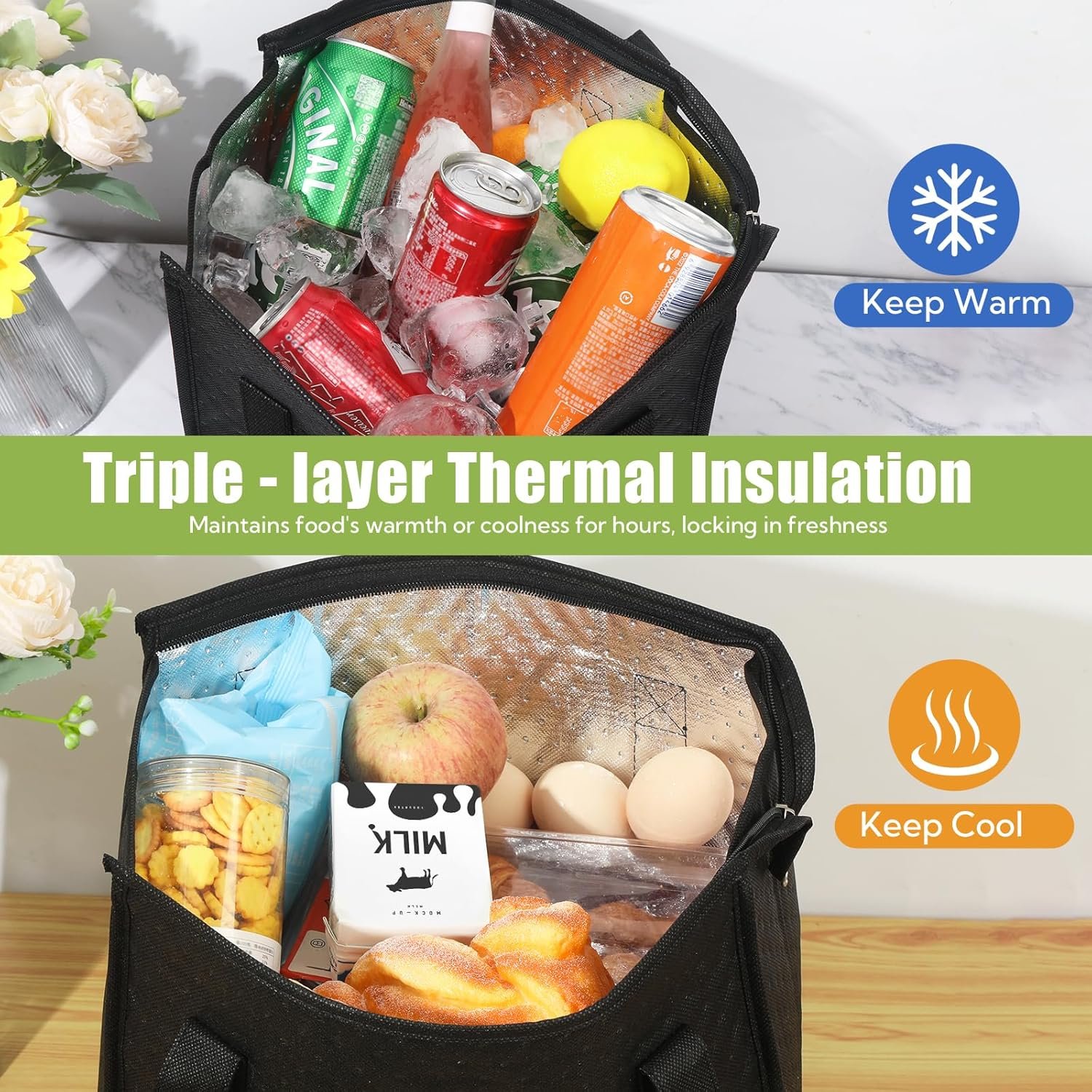 Sac isotherme pliable de 20 pièces pour courses, fournisseur de sacs à fermeture éclair avec poignées, vente en gros pour aliments chauds et froids.