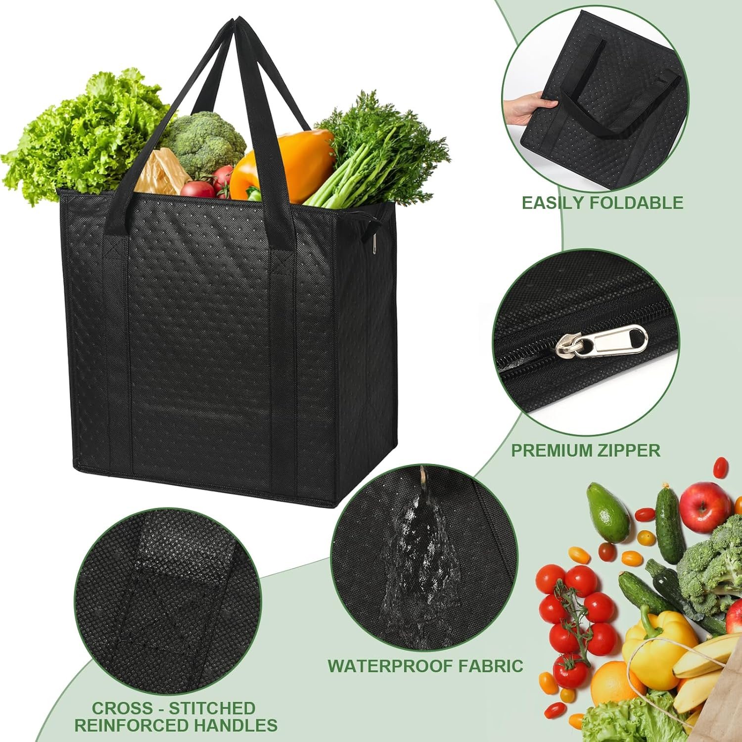 Sac isotherme pliable de 20 pièces pour courses, fournisseur de sacs à fermeture éclair avec poignées, vente en gros pour aliments chauds et froids.