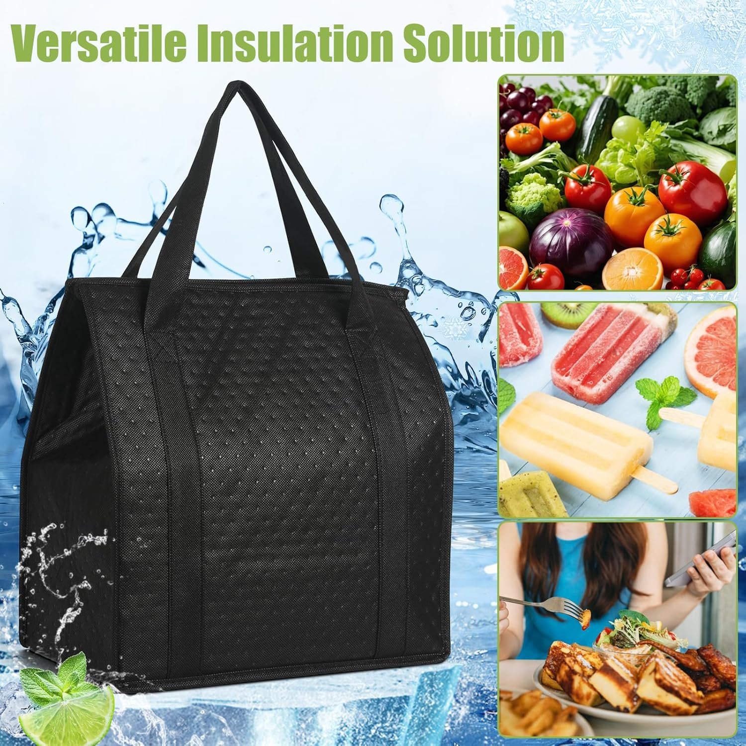 Sac isotherme pliable de 20 pièces pour courses, fournisseur de sacs à fermeture éclair avec poignées, vente en gros pour aliments chauds et froids.