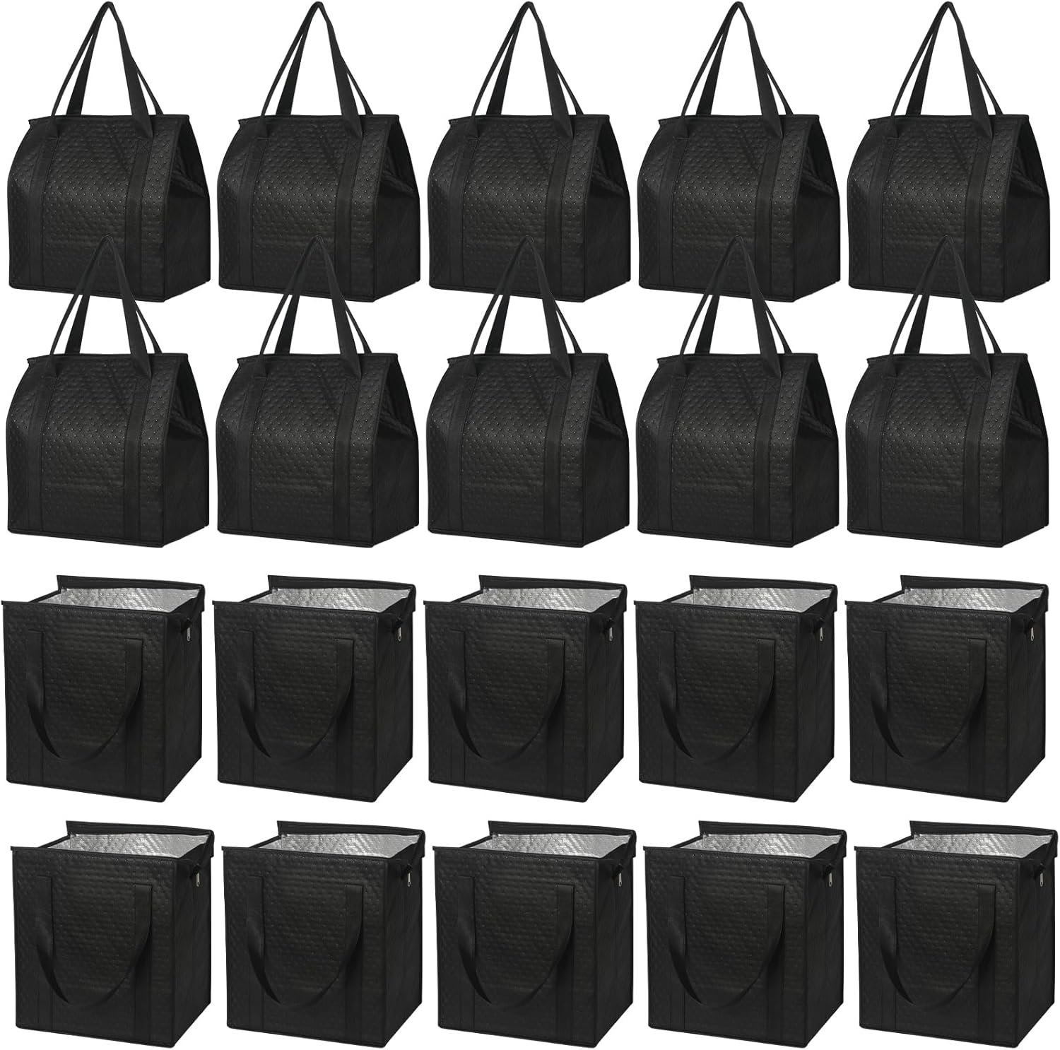 Sac isotherme pliable de 20 pièces pour courses, fournisseur de sacs à fermeture éclair avec poignées, vente en gros pour aliments chauds et froids.